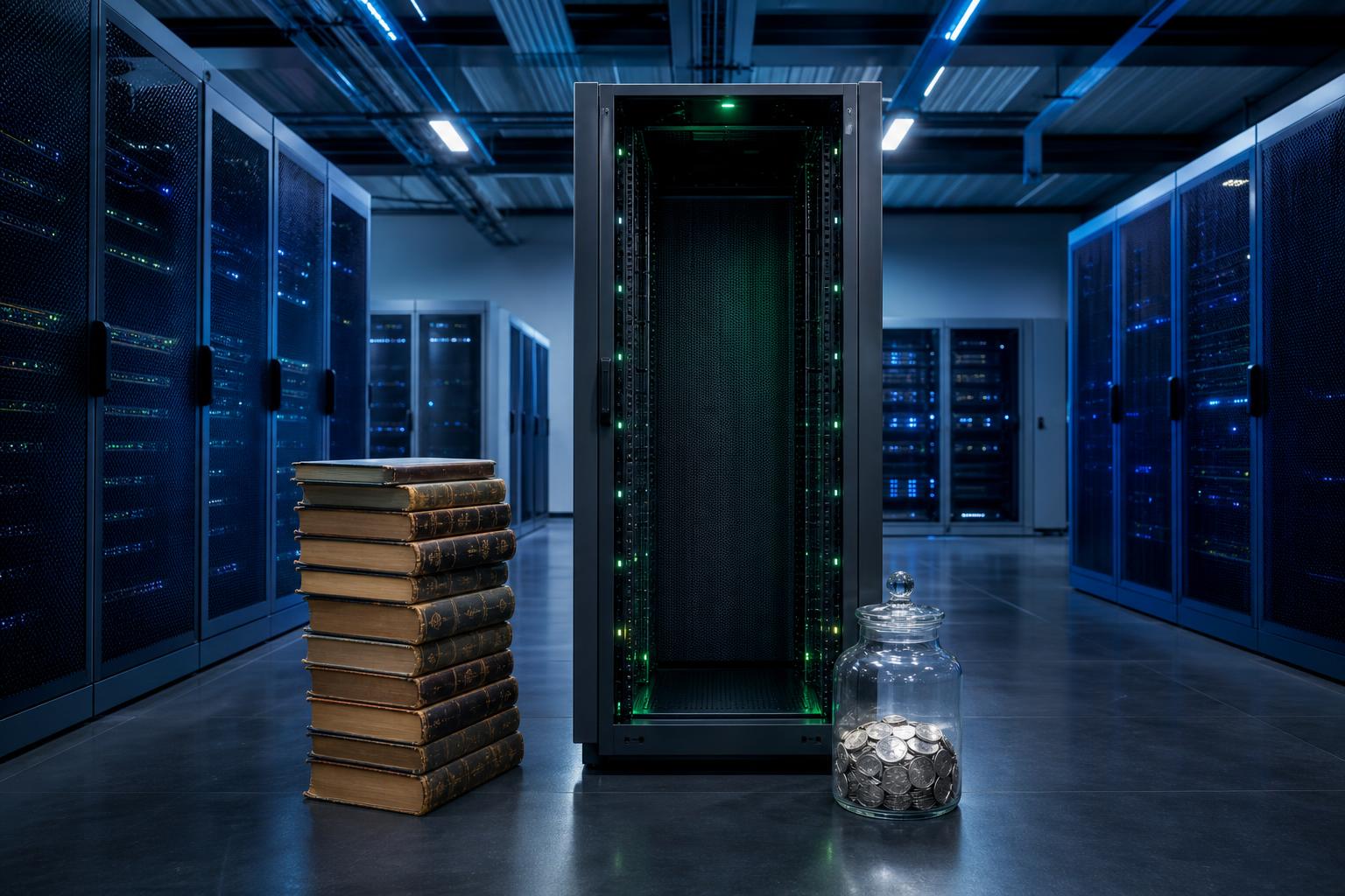 Ein hochtechnologisches Server-Rack mit blinkenden grünen LEDs steht neben einem Stapel alter Bücher und einem Glas mit
