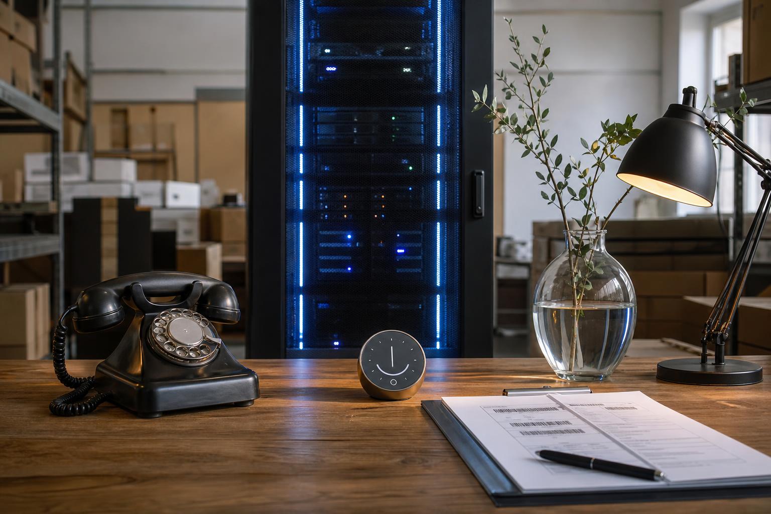 Ein modernes Server-Rack mit blauem Licht steht neben einem alten Wählscheibentelefon auf einem Schreibtisch mit einem