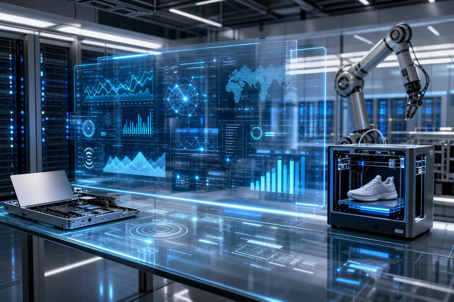 Ein futuristischer Schreibtisch mit gläserner Oberfläche und schwebenden Datenhologrammen steht in einem hochmodernen