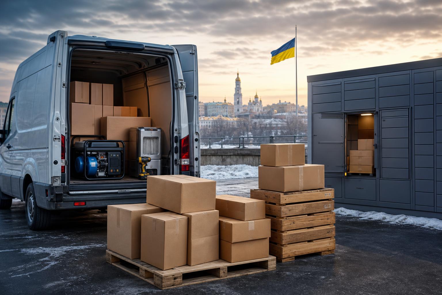 Ein beladener Lieferwagen steht vor einem grauen Paketstation-Gebäude, aus dessen geöffneten Türen ein Notstromgenerator,