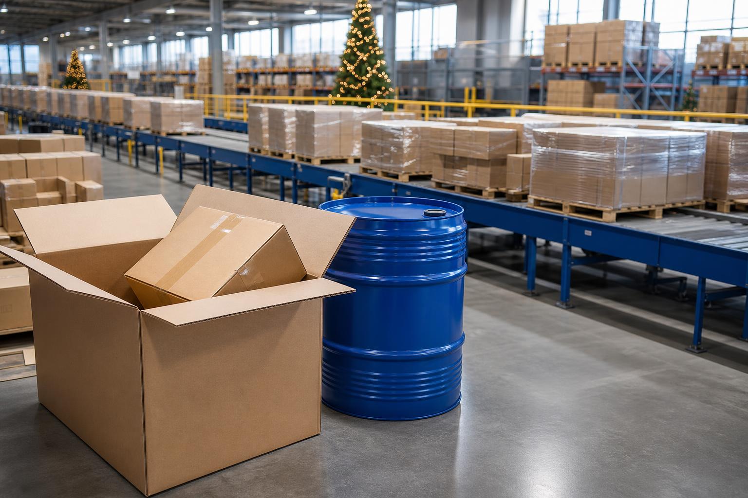 Ein großer offener Karton steht neben einem blauen Fass in einer Logistikhalle mit Förderbändern und gestapelten Kartons.