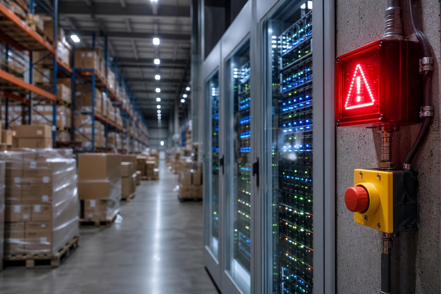 Ein moderner Amazon-Logistiklager mit hohen Regalen voller Paletten, einem beleuchteten Server-Rack und einem roten