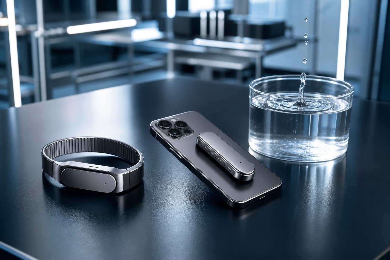 Ein silbernes Armband, ein Smartphone mit Magnet-Modul und ein Glas mit fallendem Wasser stehen auf einem schwarzen Tisch in