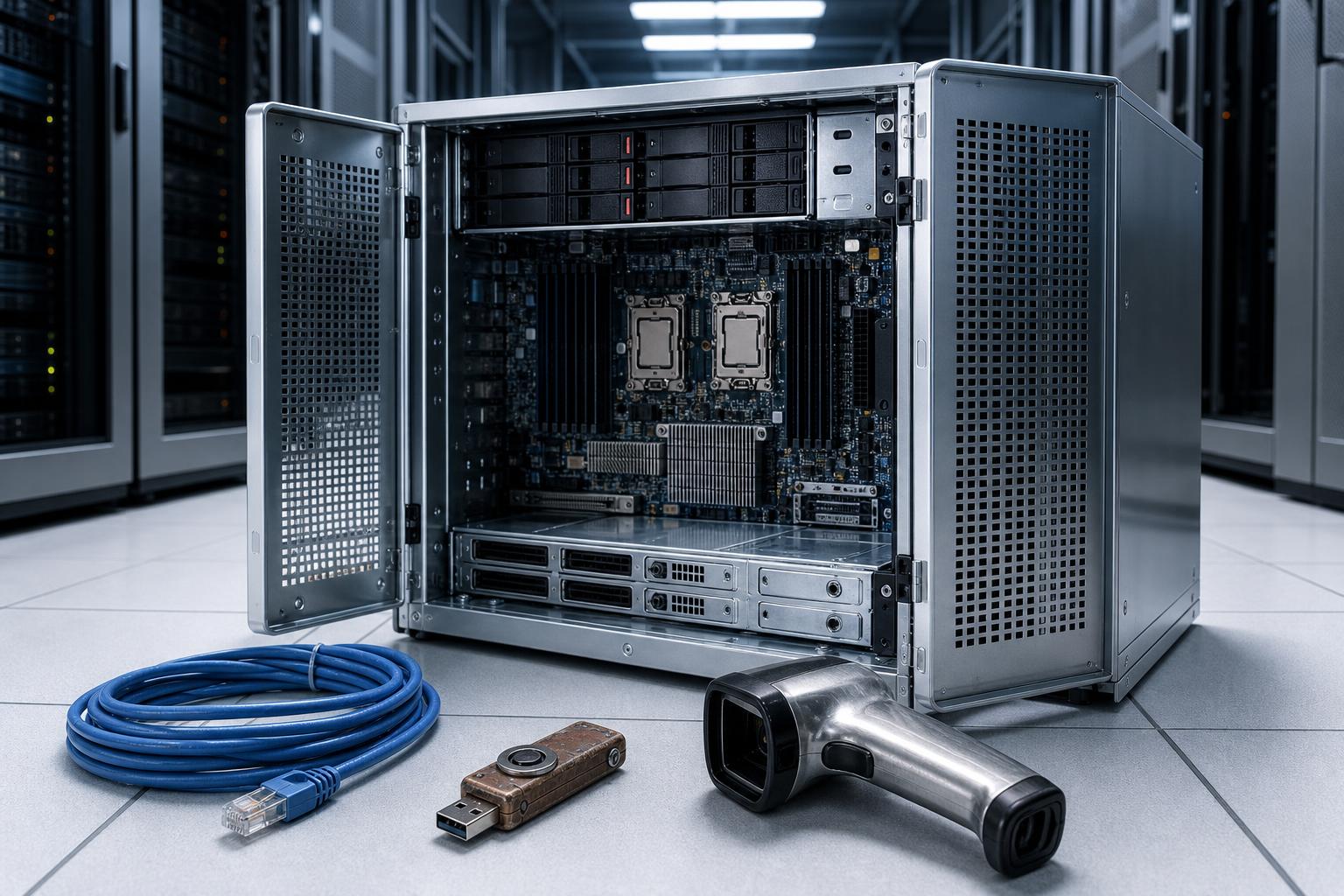 Ein geöffnetes Metall-Servergehäuse mit sichtbarer Hardware im kühlen Rechenzentrum, daneben liegen ein dickes