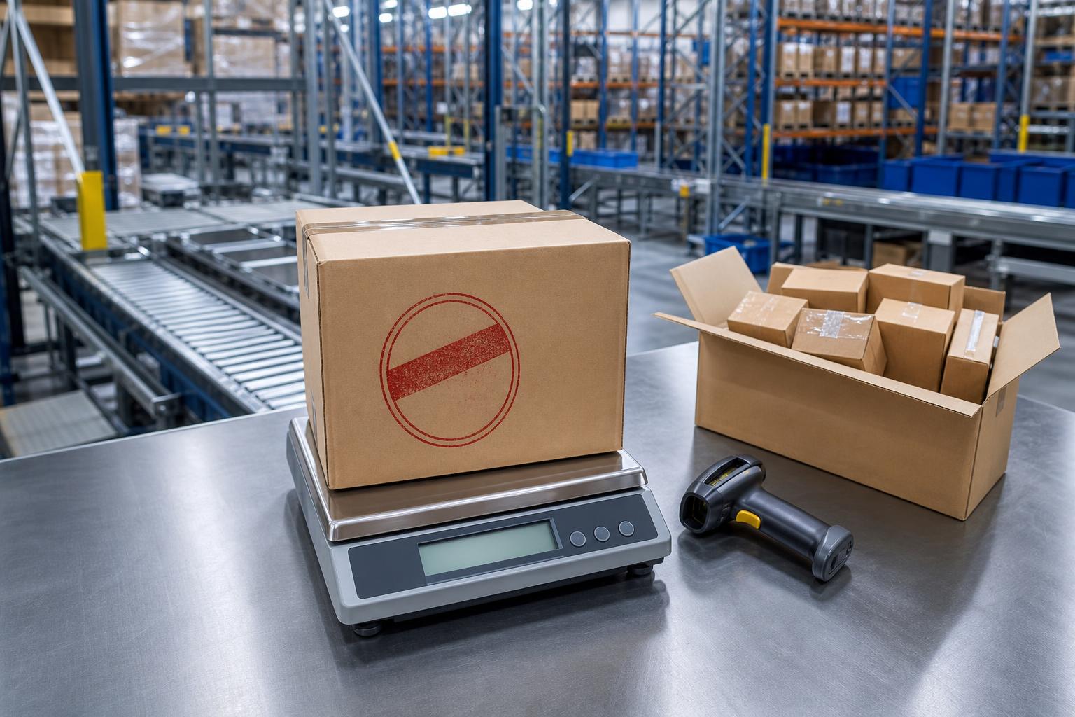 Ein Karton mit rotem Zollstempel steht auf einer Waage neben einem Barcode-Scanner und offenen Kartons mit Paketen in einem