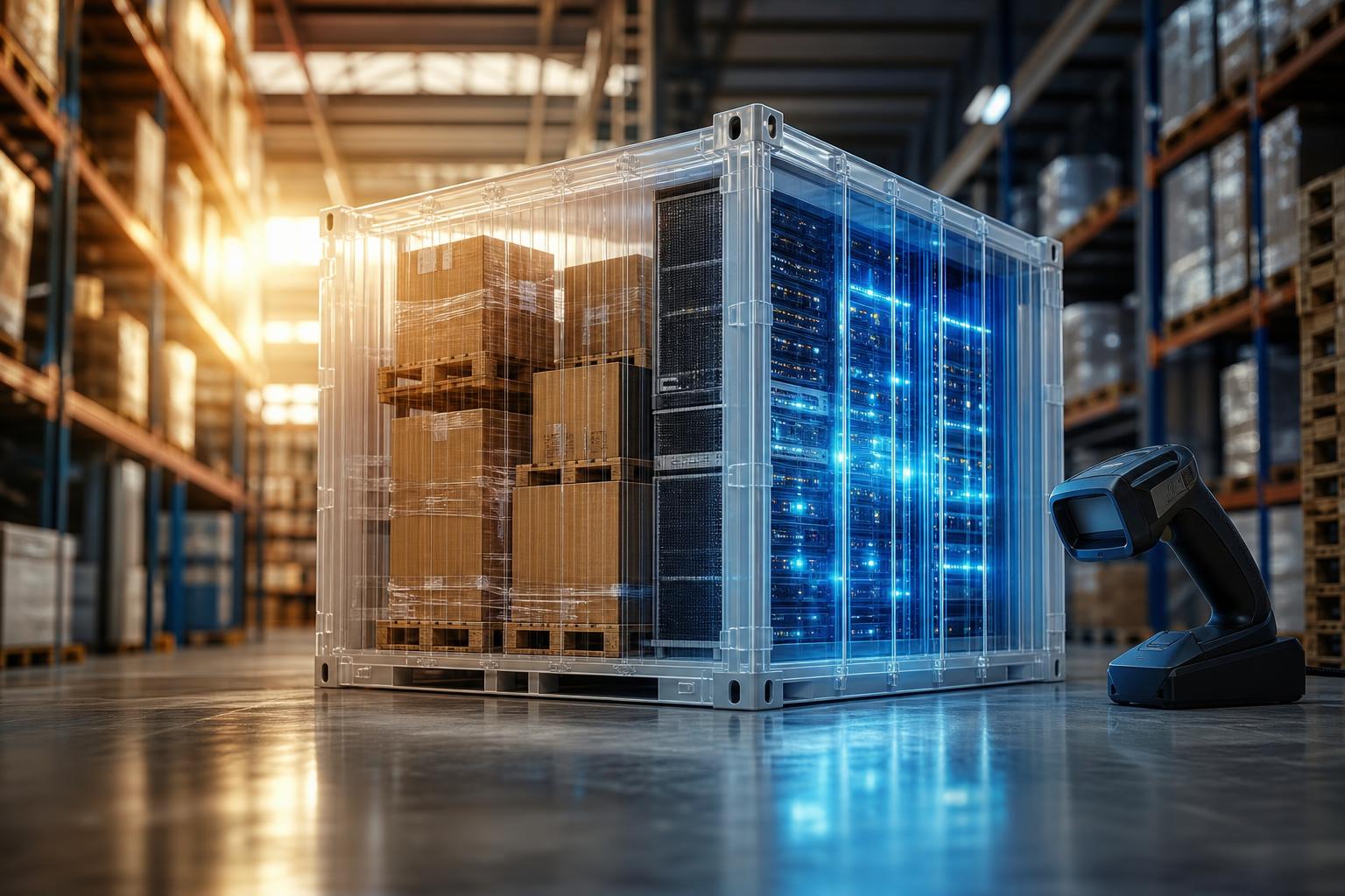 Ein halbtransparentes Containermodell mit physischen Waren auf der linken und einem leuchtenden Serverrack auf der rechten