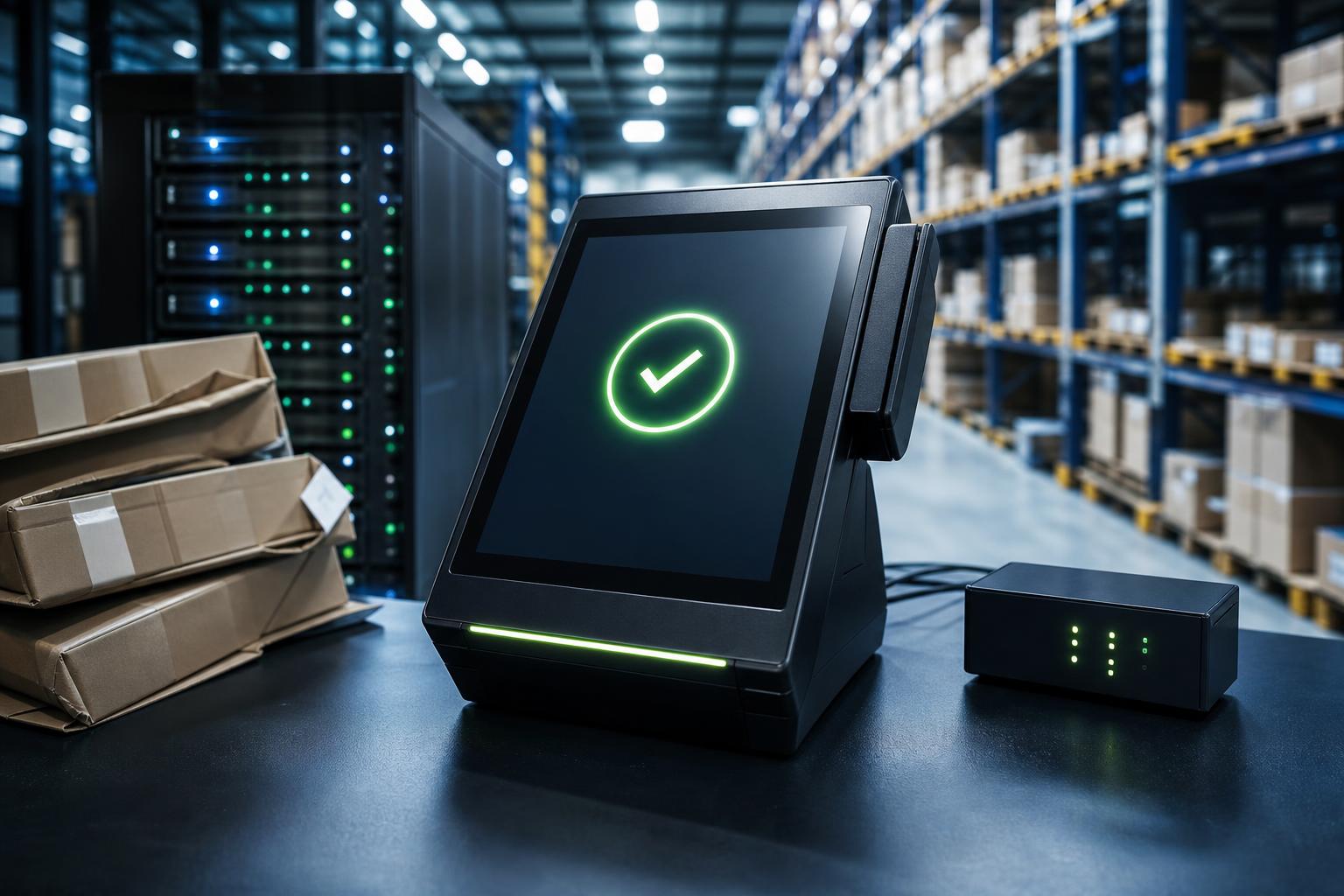 Ein modernes BNPL-Kassenterminal mit grünem Bestätigungsymbol steht vor einem Server-Rack und gestapelten Kartons in einem