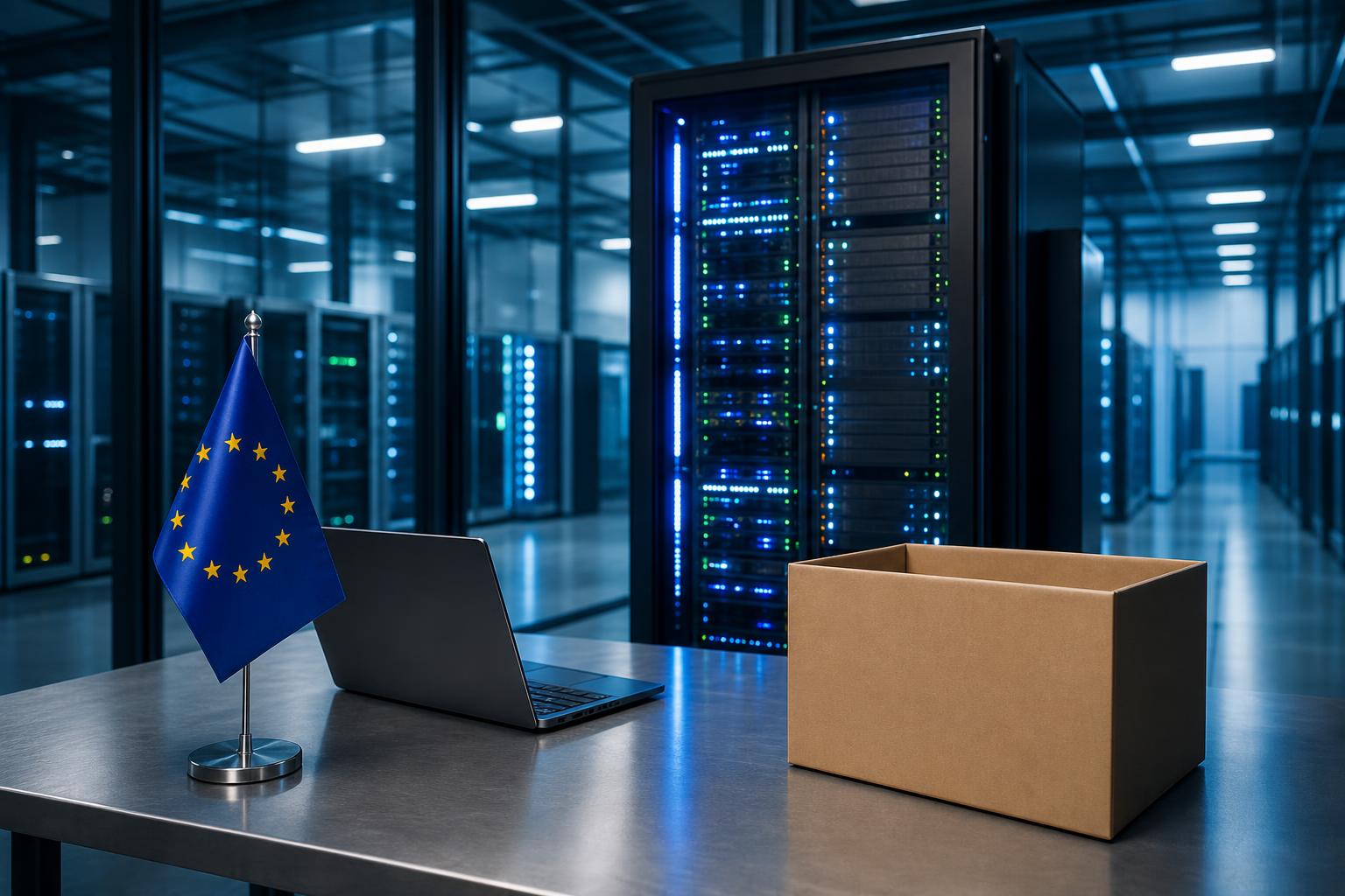 Ein Server-Rack mit LED-Leuchten steht in einem modernen Datenzentrum neben einer EU-Flagge, einem Laptop und einem leeren