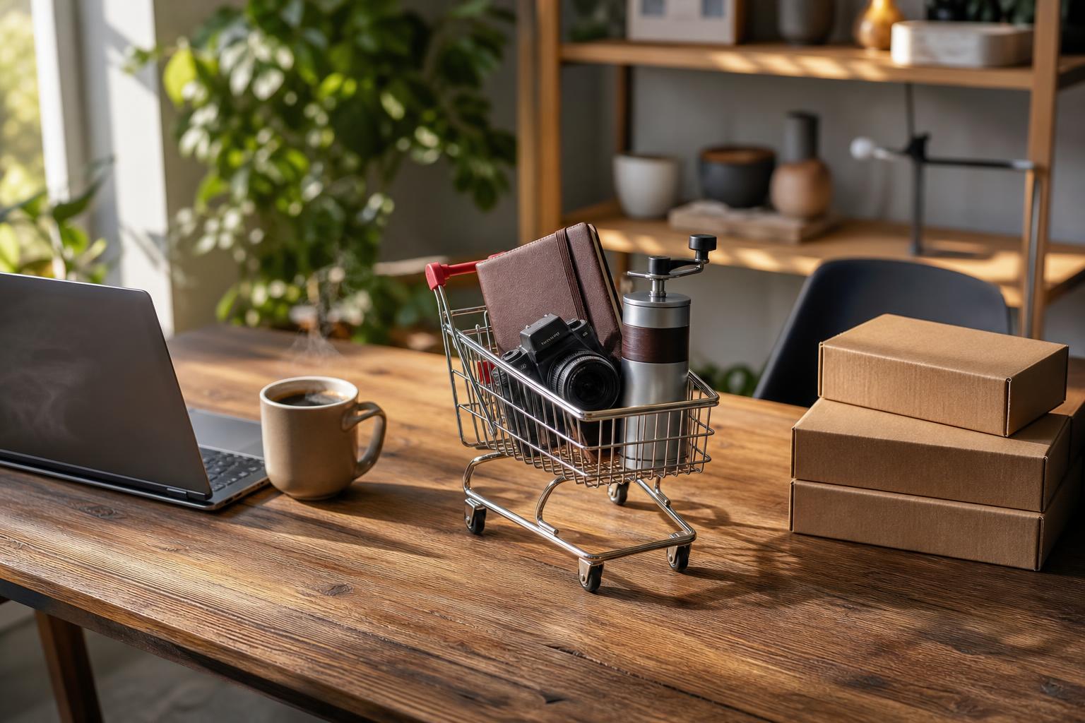 Ein Esstisch mit einem kleinen Einkaufswagen, der eine Kamera, eine Kaffeemühle und ein Buch enthält, daneben ein Laptop,