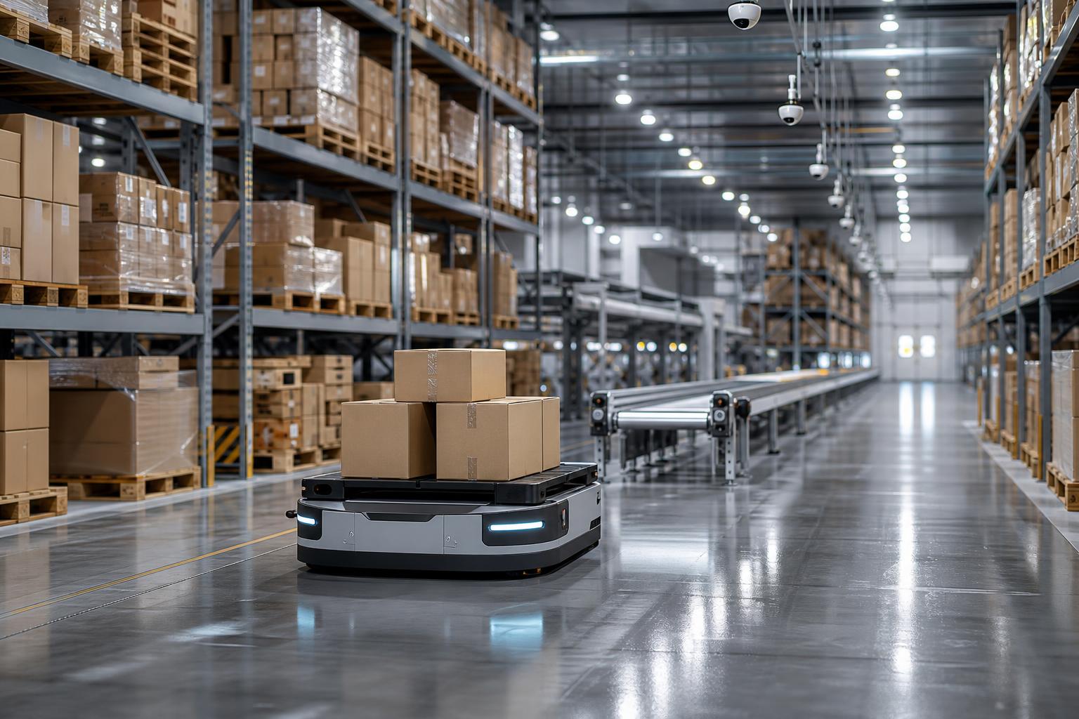 Ein autonomer mobiler Transportroboter fährt mit Paletten in einem modernen Logistiklager entlang hoher Regale unter
