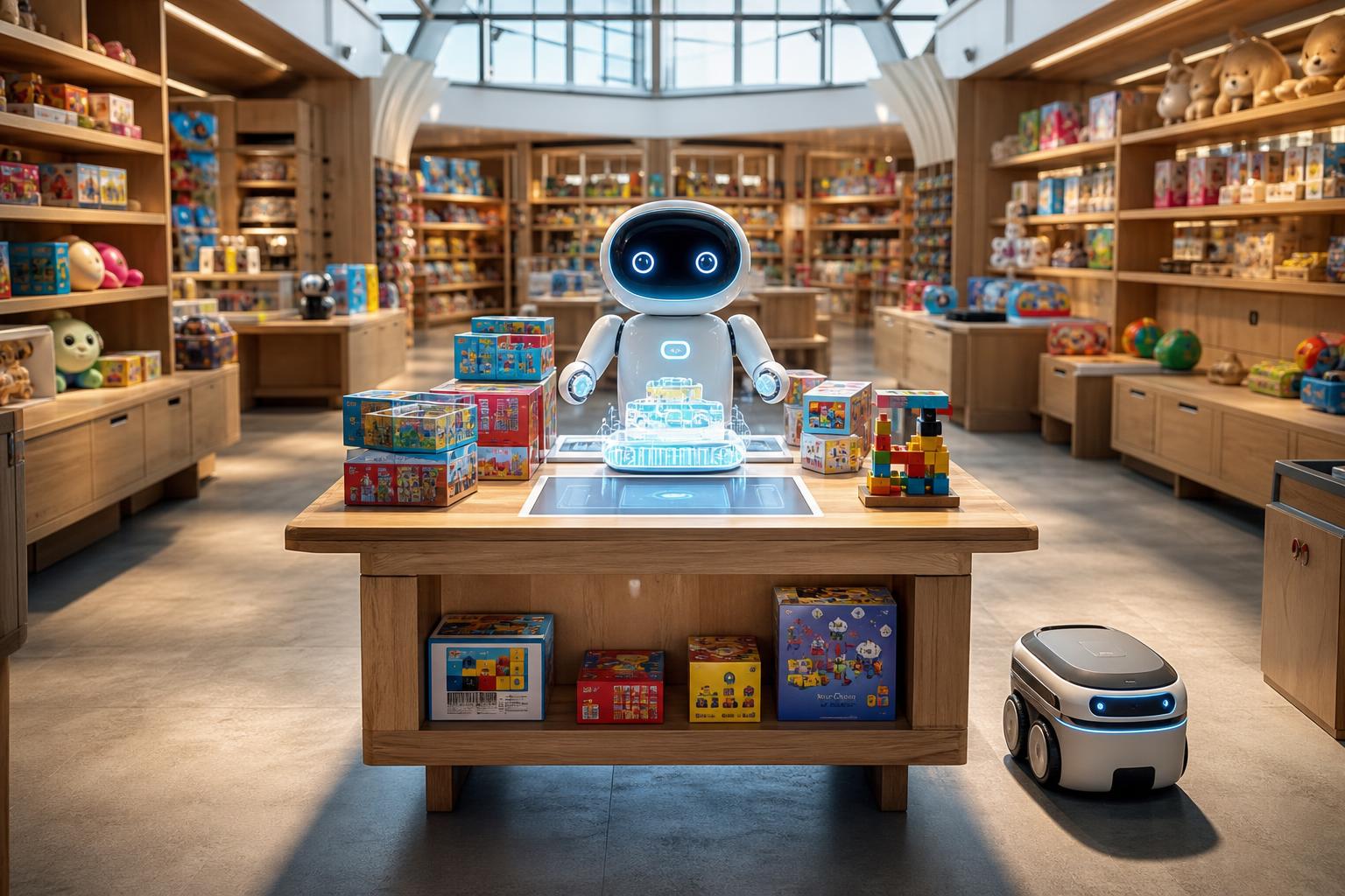 Ein moderner Ladentisch mit interaktivem KI-Roboter, Bauklötzen und holographischem Display in einem hellen, geräumigen