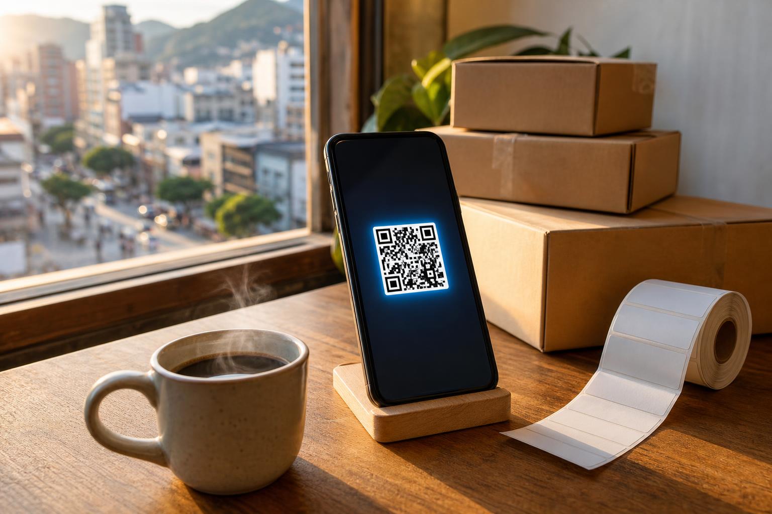 Ein Smartphone mit einem leuchtenden QR-Code steht neben einer Tasse Kaffee und Versandkartons auf einem Holztisch mit Blick