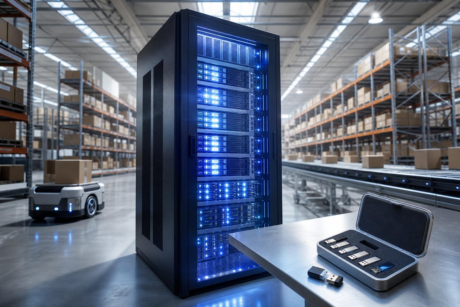Ein KI-Server-Rack mit blauen LEDs steht im modernen Logistik-Center neben einem autonomen Roboter-Trolley und offenen