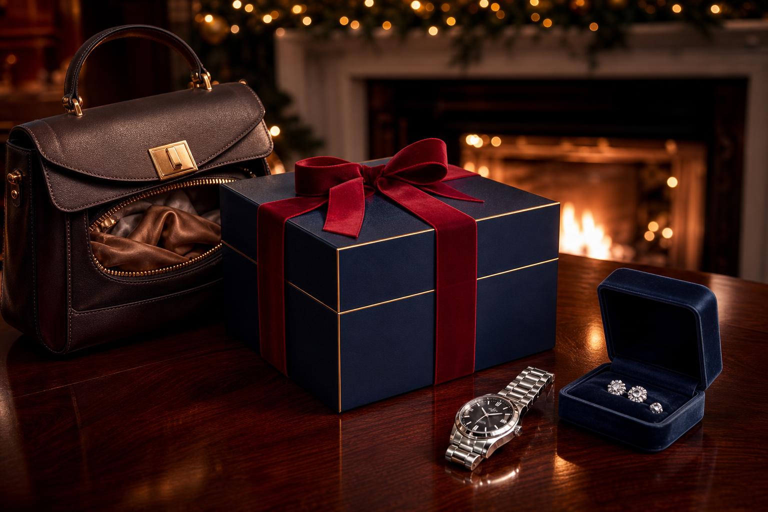 Eleganter dunkelblauer Geschenkkarton mit roter Schleife neben einer geöffneten Lederhandtasche, einer Edelstahl-Uhr und