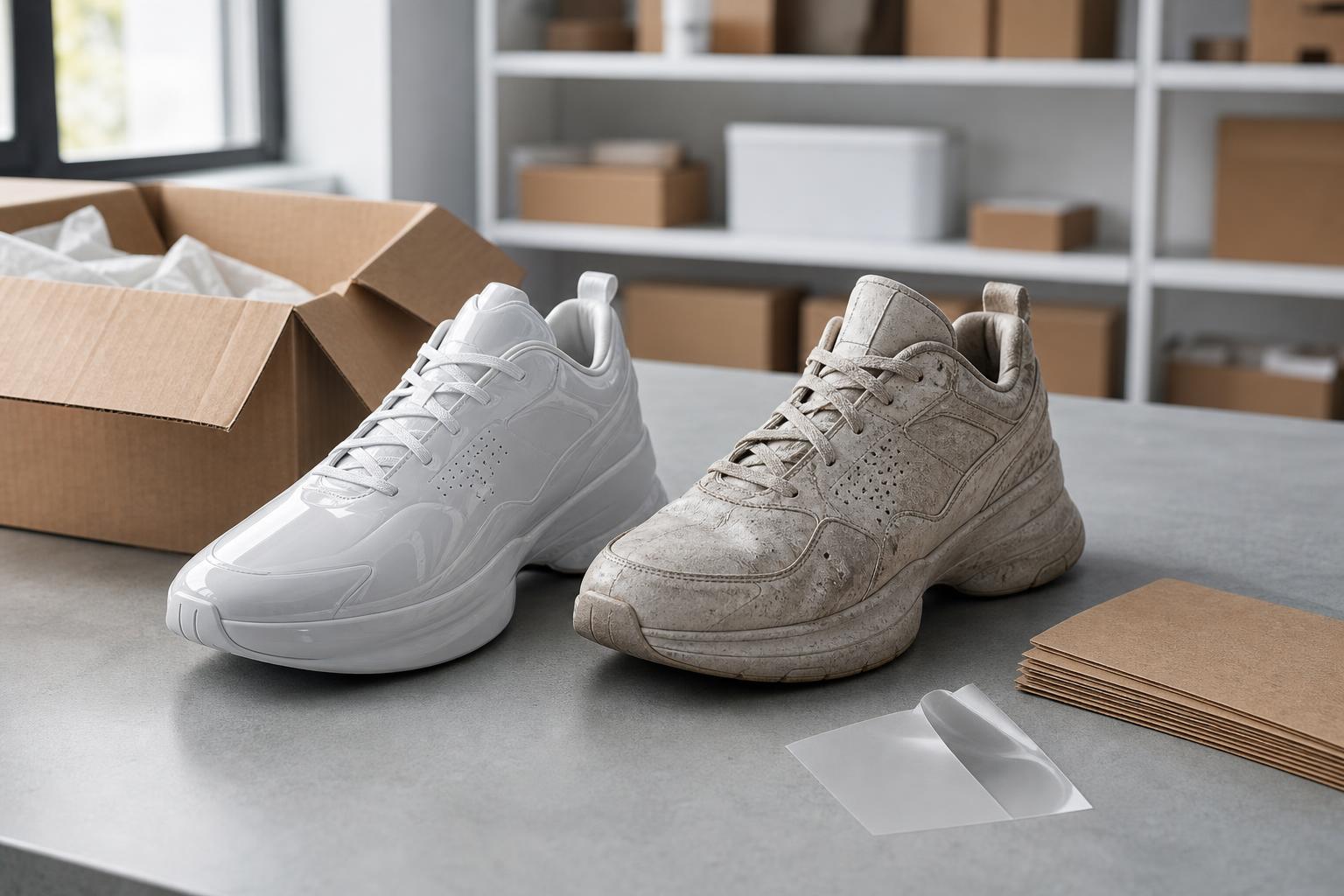 Ein glänzender, KI-generierter weißer Sneaker steht neben einem abgenutzten echten Sneaker auf einem Tisch in einem