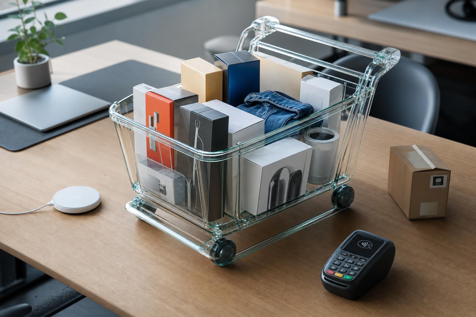 Ein transparenter Warenkorb aus Glas mit Elektronik, Kleidung und Haushaltswaren steht auf einem Schreibtisch neben einem