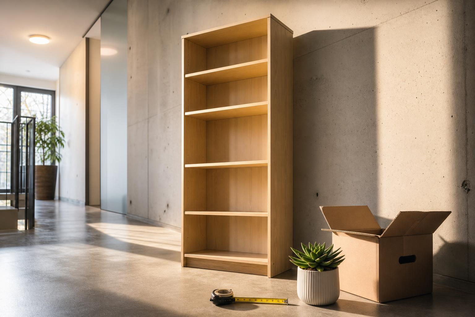 Ein IKEA BILLY Bücherregal steht in einem hellen, modernen Flur neben einem braunen Umzugskarton, einem Sukkulententopf und
