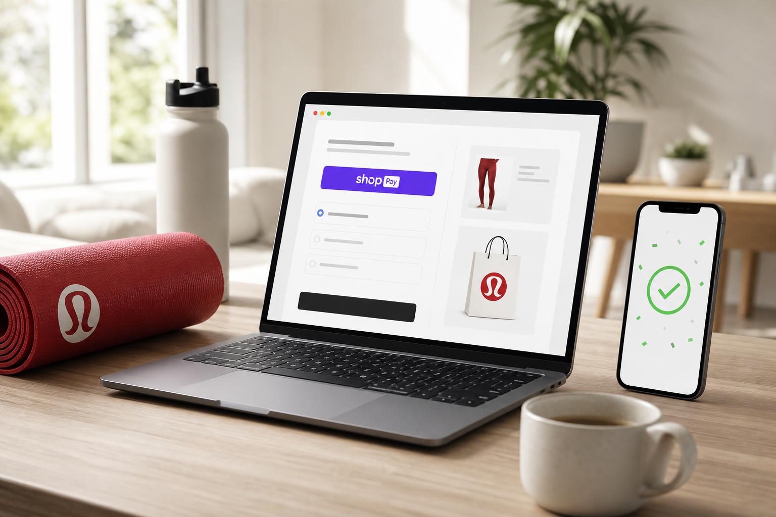 Ein geöffneter Laptop zeigt einen Online-Checkout-Bildschirm neben einem Smartphone mit grüner Bestätigungsanimation auf