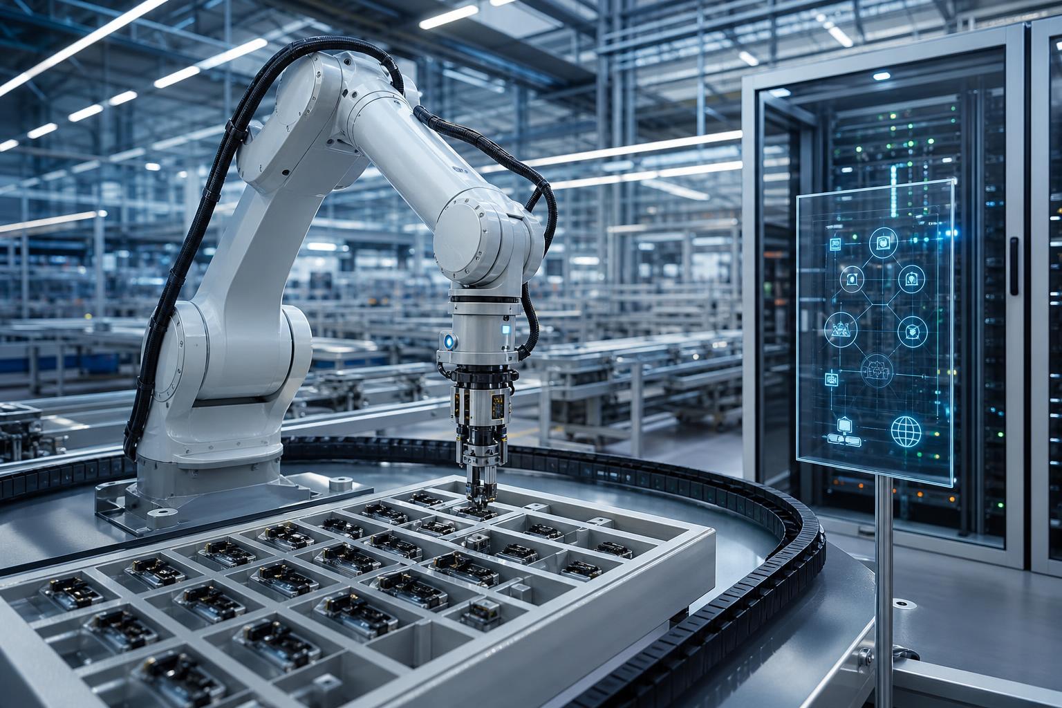 Ein Industrieroboter greift nach einem Sensor auf einem modernen Fabrikgelände mit Server-Rack und Datenmonitor im