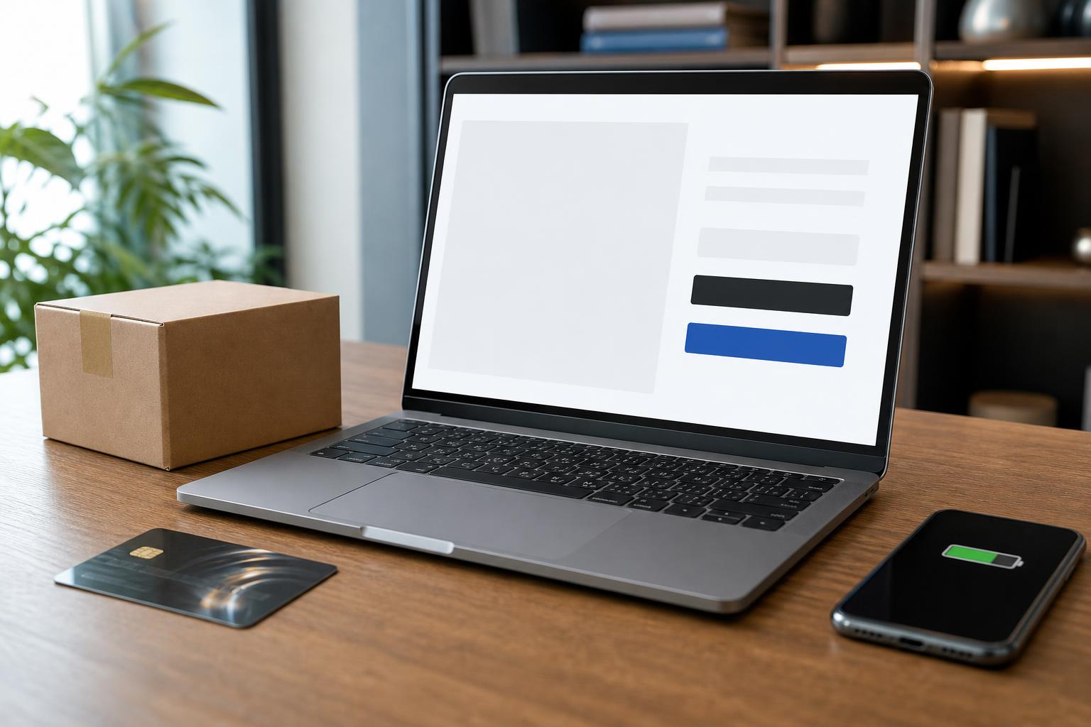 Ein geöffneter Laptop auf einem Schreibtisch zeigt einen leeren Checkout-Bildschirm mit Buttons, daneben liegen eine