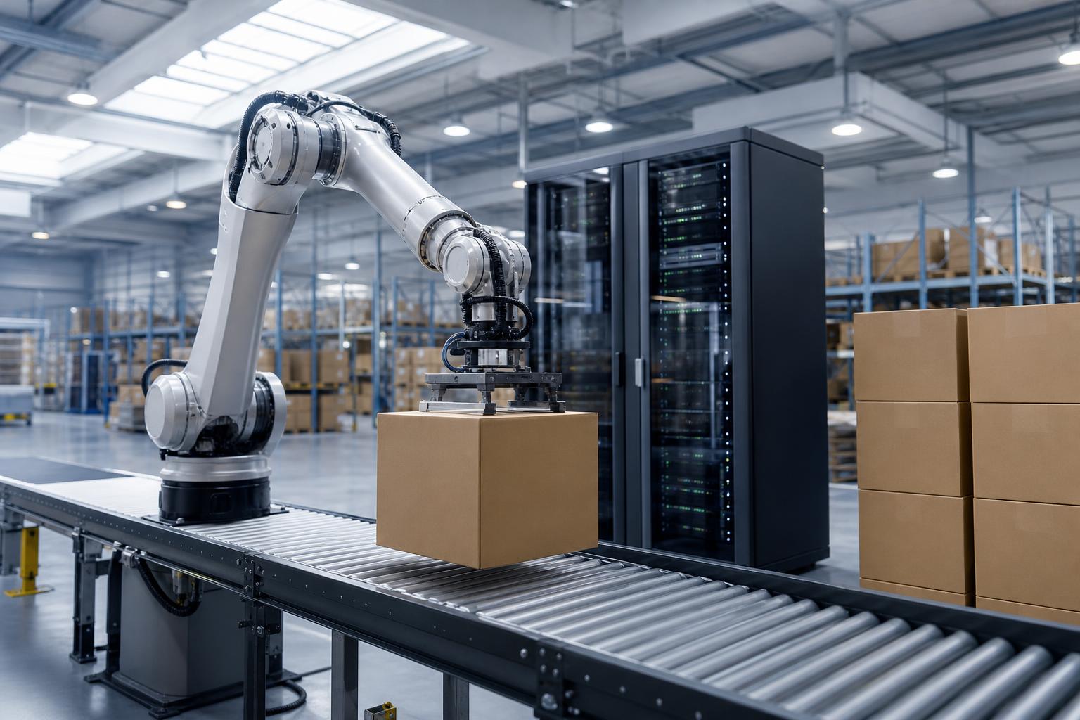 Ein Roboterarm platziert eine Kartonbox auf ein Förderband in einem modernen Logistikzentrum mit Server-Rack und Regalen.