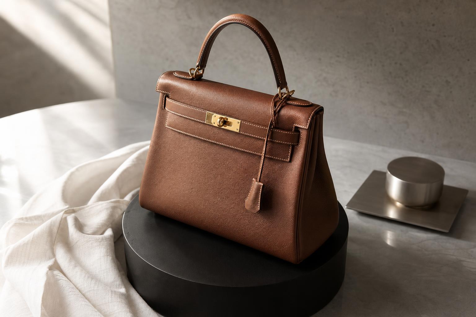 Eine elegante braune Ledertasche mit feinen Nähten und Metallbeschlägen steht auf einem mattschwarzen Fotopodest, begleitet