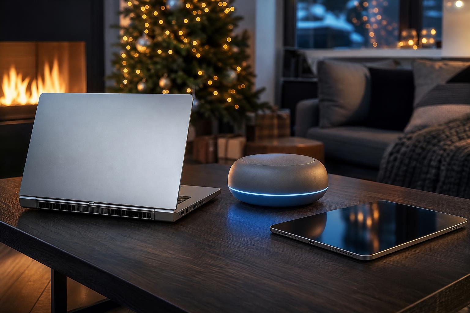 Ein silberner Laptop, ein runder Home-Hub mit blauem LED-Ring und ein schlankes Tablet stehen auf einem dunklen Holztisch