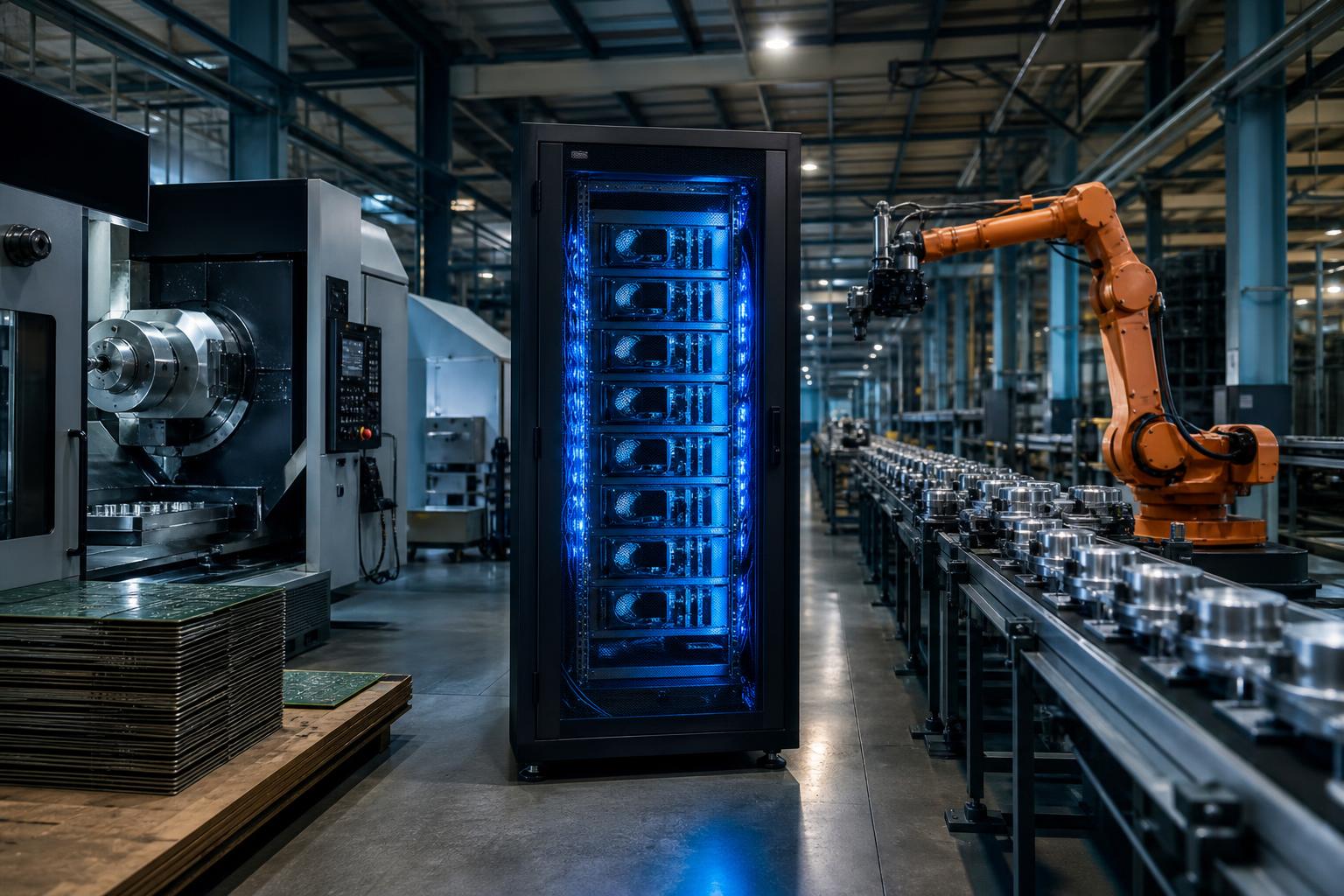 Ein KI-Server-Rack mit blauem Licht steht in einer Fabrikhalle neben einem Industrieroboter und einer CNC-Fräsmaschine.