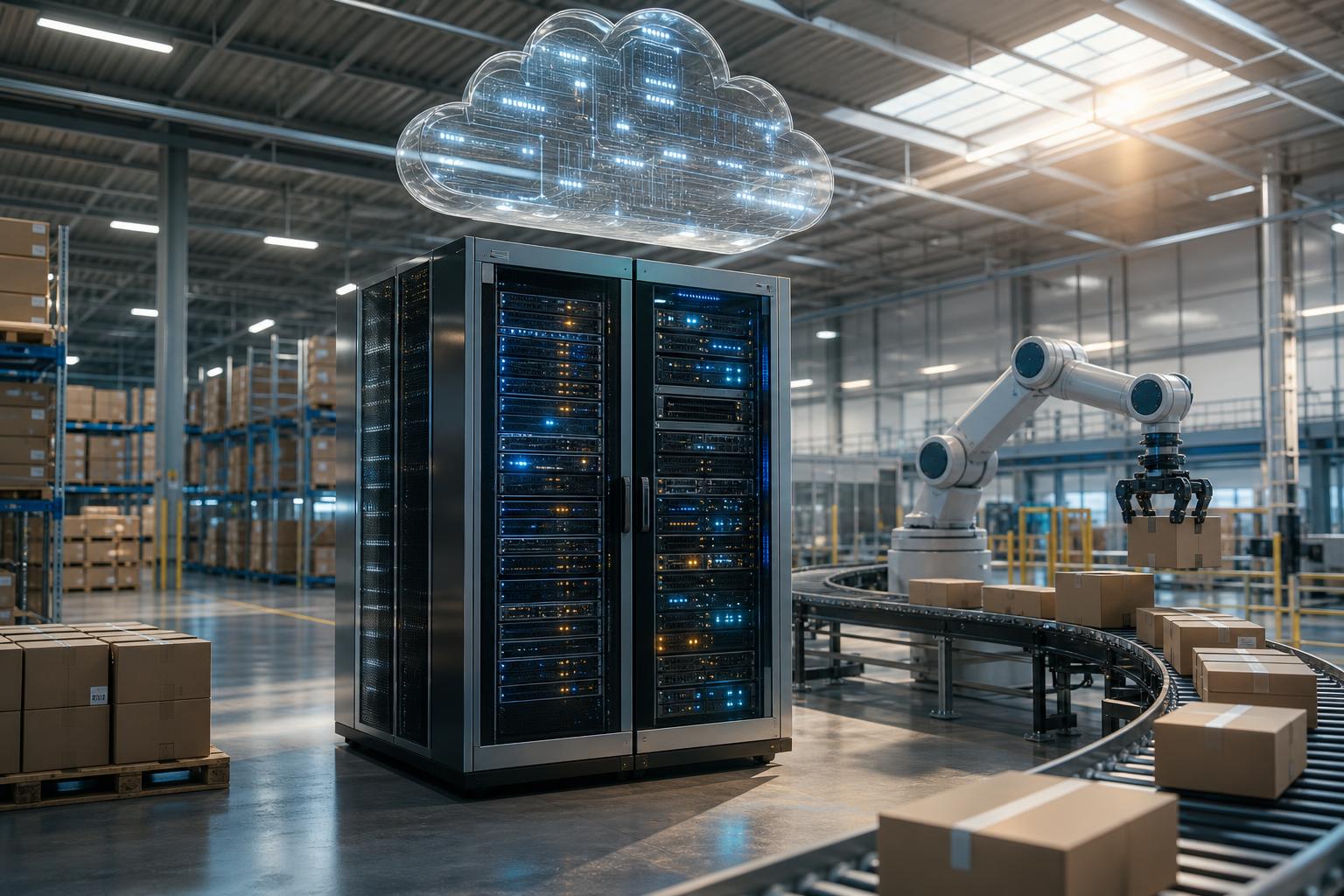 Ein Server-Rack mit blauem Licht steht in einem Lagerhaus neben einem Roboter, der Kartons auf einem Förderband sortiert,