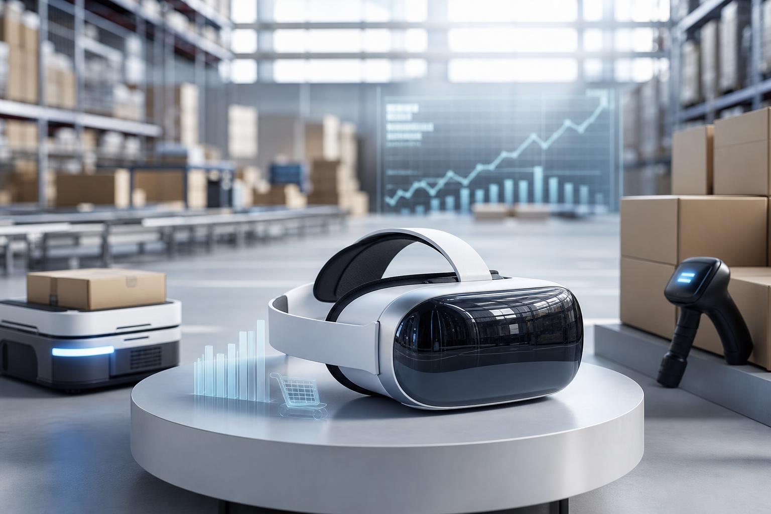 Ein geöffnetes VR-Headset liegt auf einer Palette neben einem Autonomem Förderroboter, Kartons und einem Barcode-Scanner in