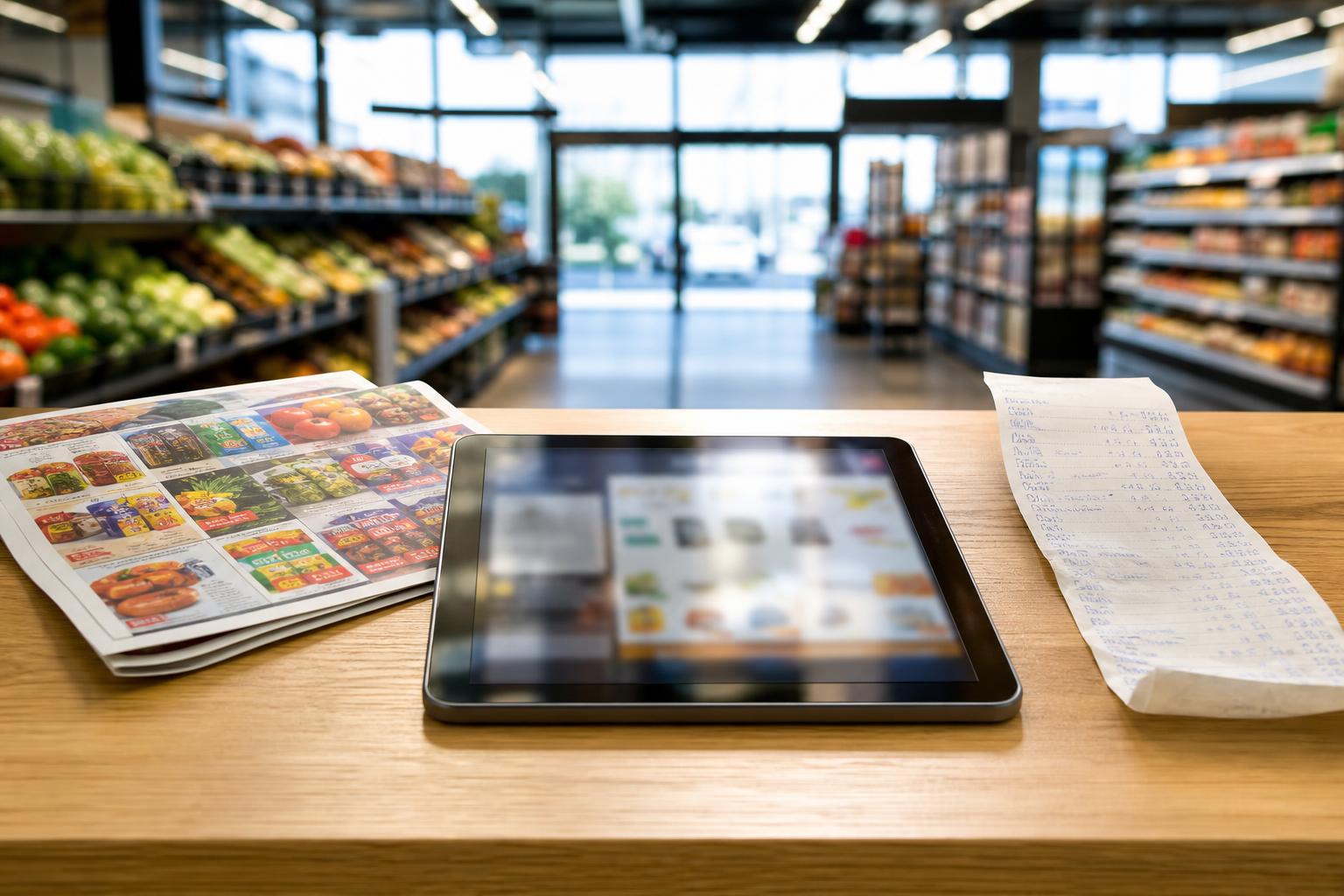 Ein Tablet mit unscharfem Display liegt neben einem Prospekt und einem Kassenbon auf einem Holztisch in einem gut