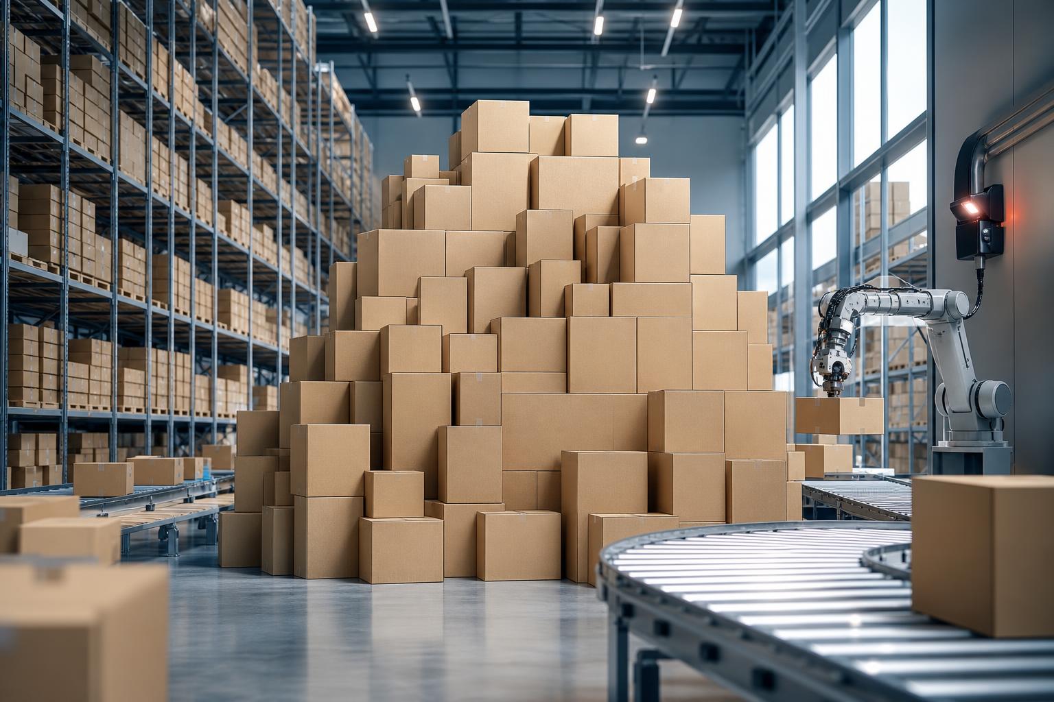 Ein Roboterarm greift ein Paket auf einem Förderband in einer modernen Logistikhalle mit hohen Regalen voller Kartons.
