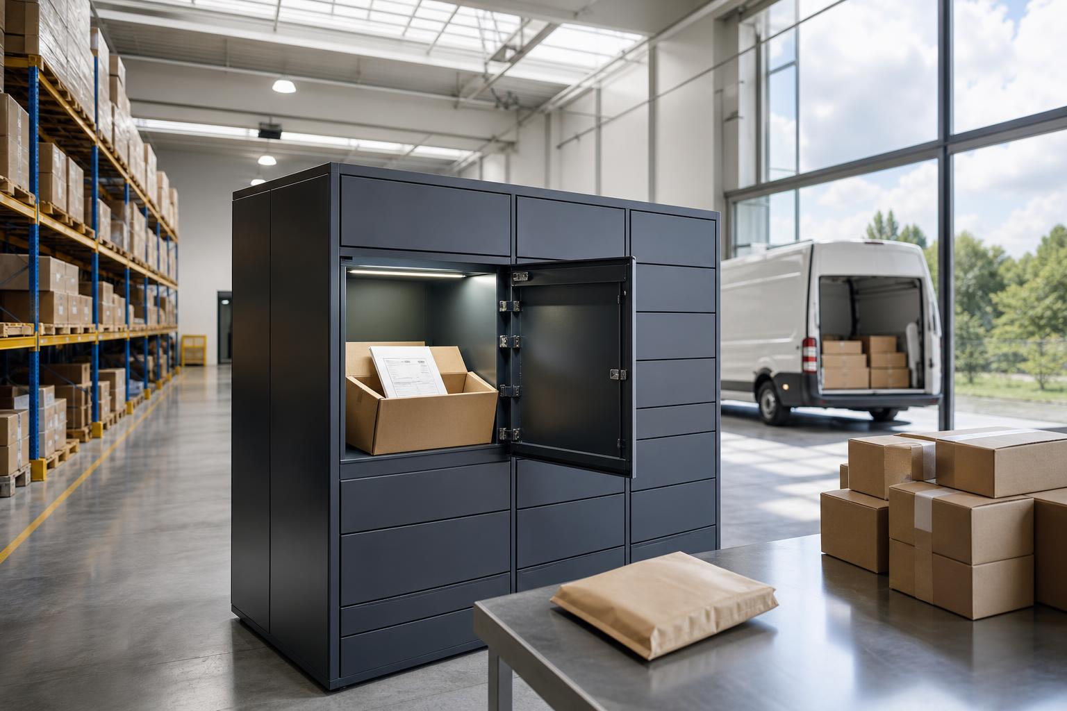 Ein moderner Paketlocker in einer hellen Logistikhalle mit geöffnetem Fach, darin liegt ein Karton mit sichtbarer Rechnung.