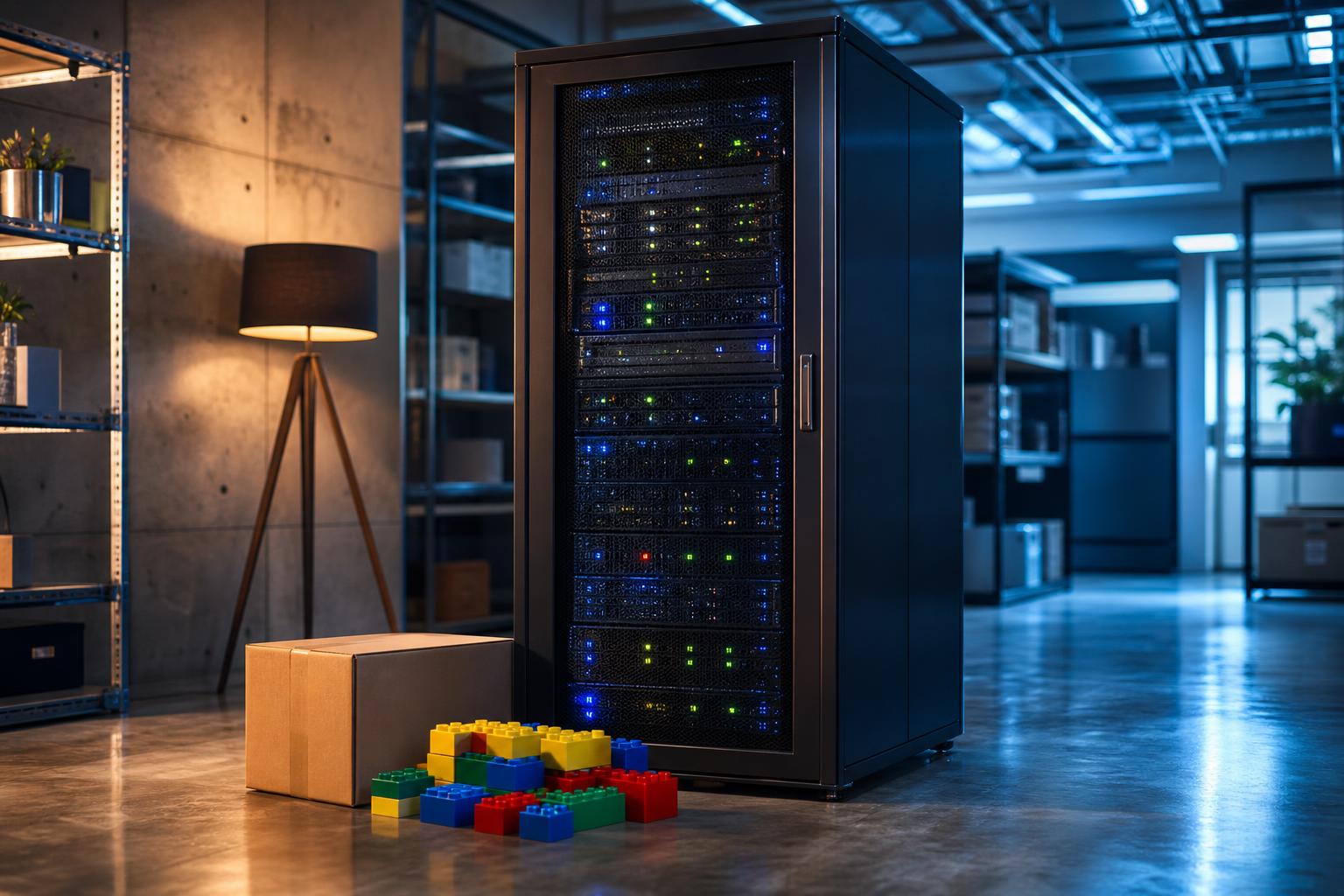 Ein Server-Rack mit blinkenden LEDs steht in einem modernen Raum neben einer Kiste und farbigen Bauklötzen auf dem Boden.