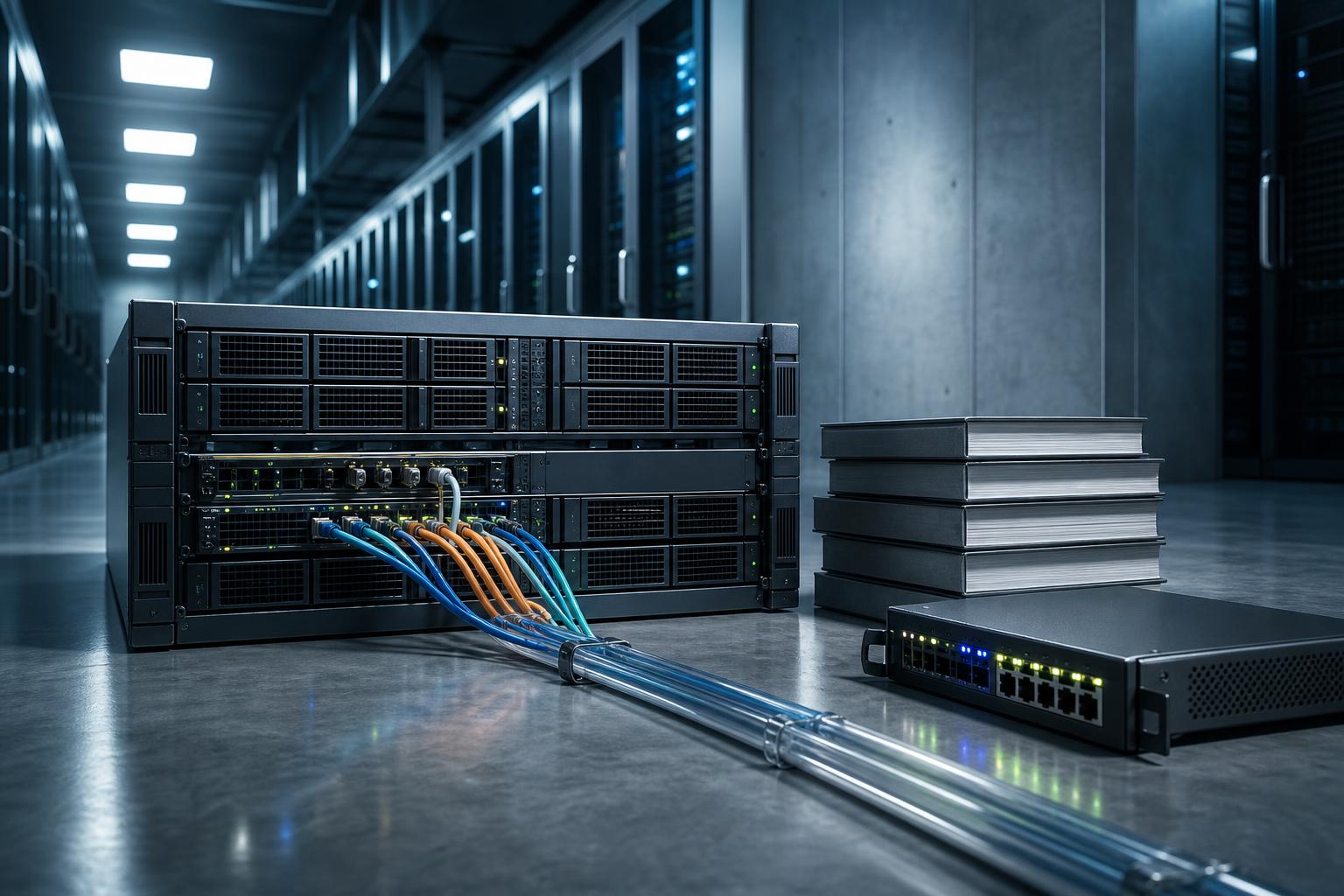 Ein Server mit farbigen Kabeln steht in einem sterilen Daten-Zentrum neben einem Stapel technischer Bücher und einem
