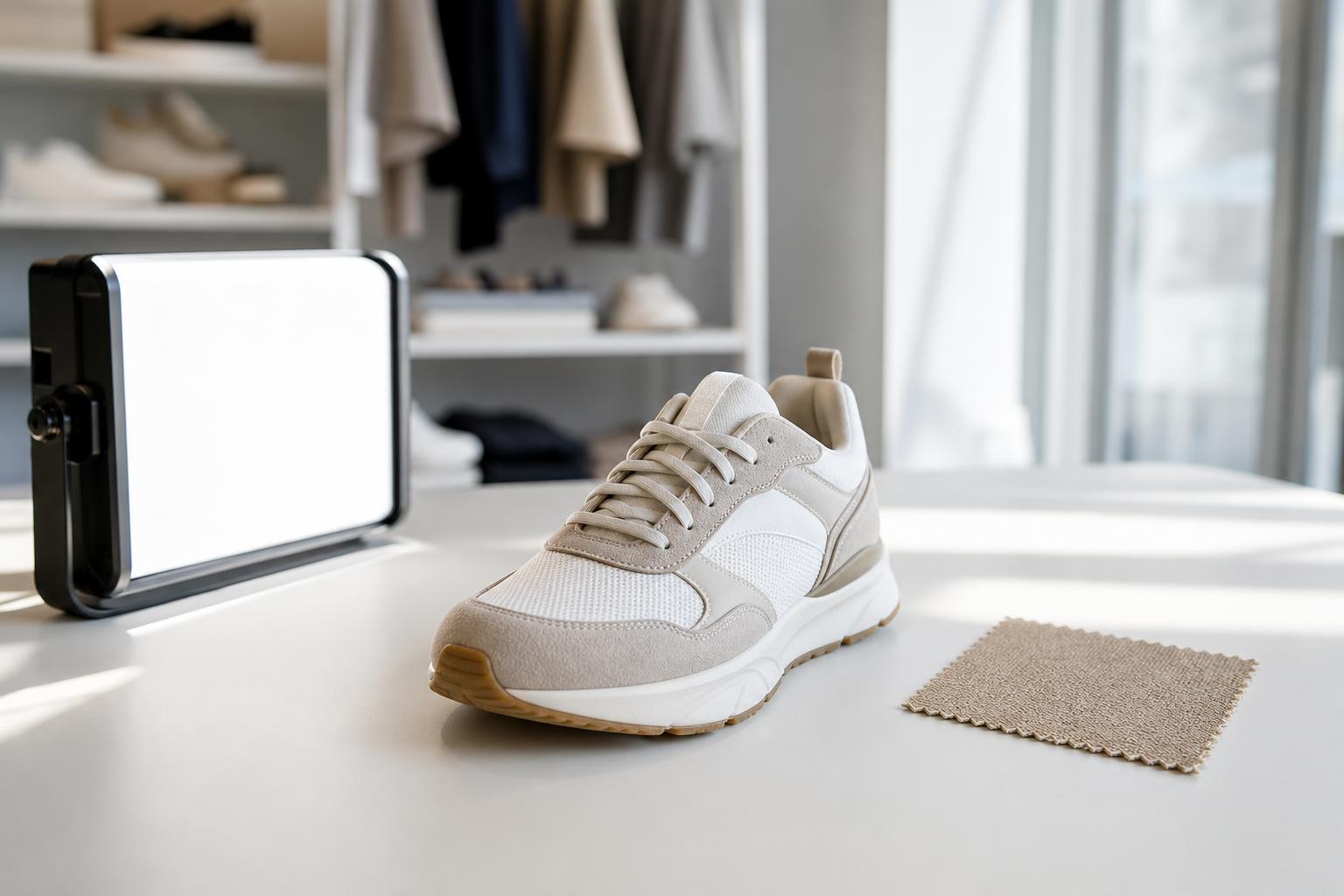 Ein heller Sneaker liegt auf einem weißen Tisch neben einem Lichtpanel und einem Stoffmuster, mit einem Regal voller Schuhe