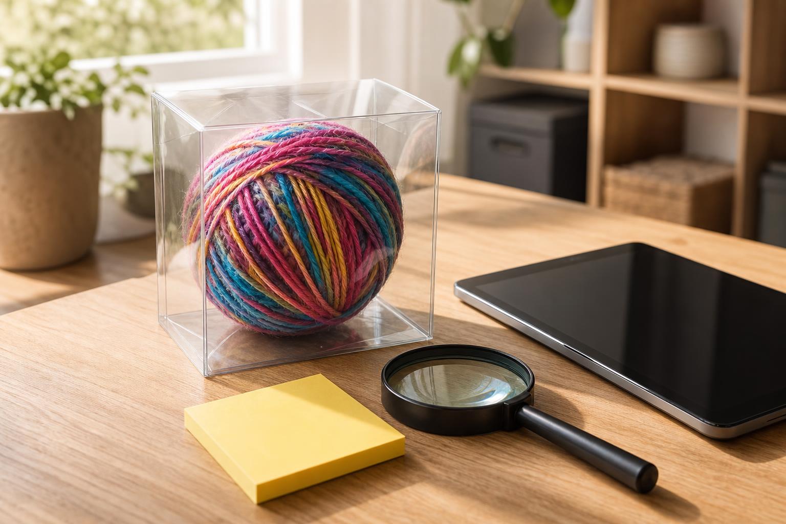 Farbenfroher Garnball in transparenter Verpackung auf hellem Holztisch mit Tablet, Lupe und Haftnotizzettel.