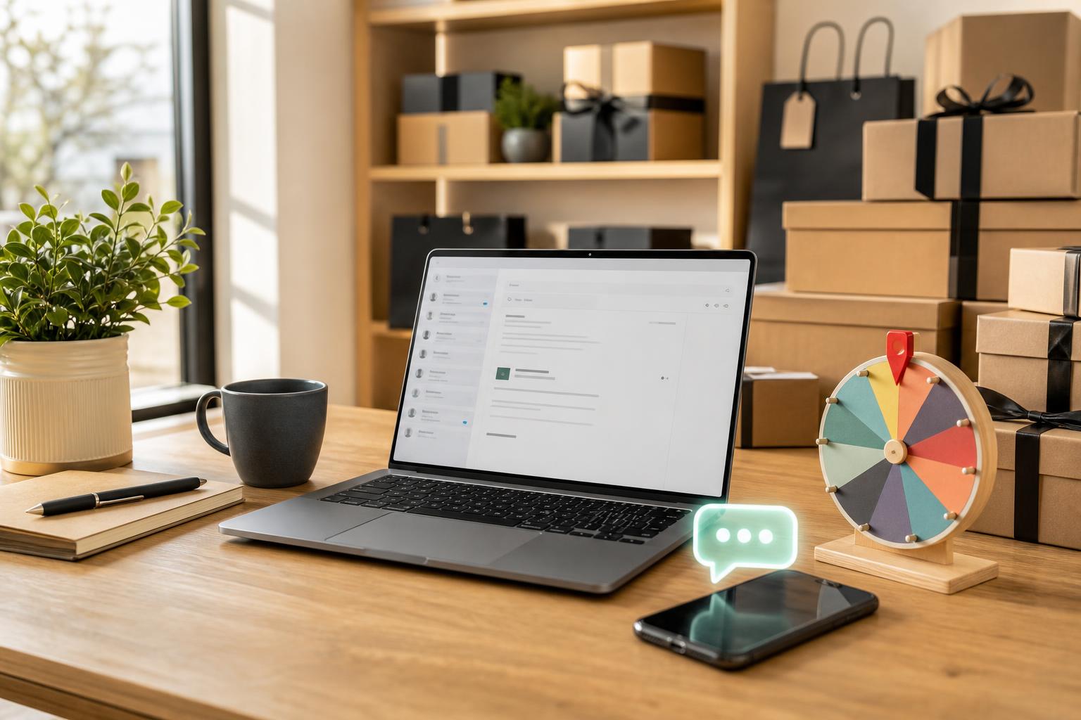 Ein moderner Schreibtisch mit einem geöffneten Laptop, der eine E-Mail-Oberfläche zeigt, einem Smartphone mit einer