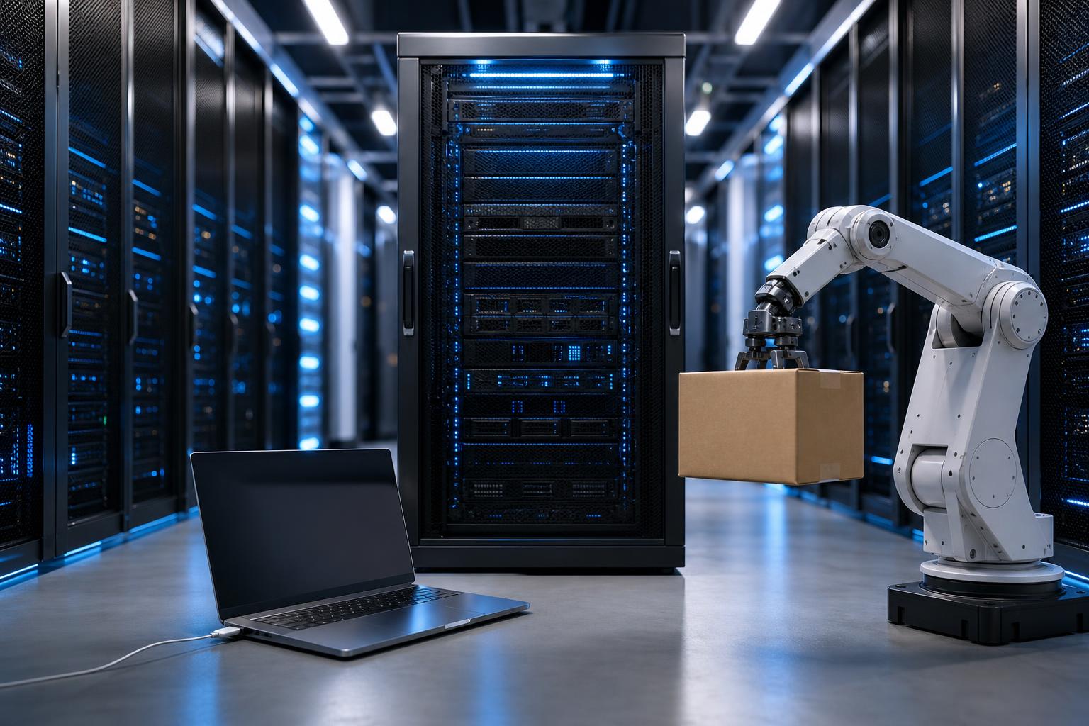 Ein Roboterarm hebt einen Karton in einem Data-Center mit Server-Racks und blauem LED-Licht neben einem Laptop auf einer