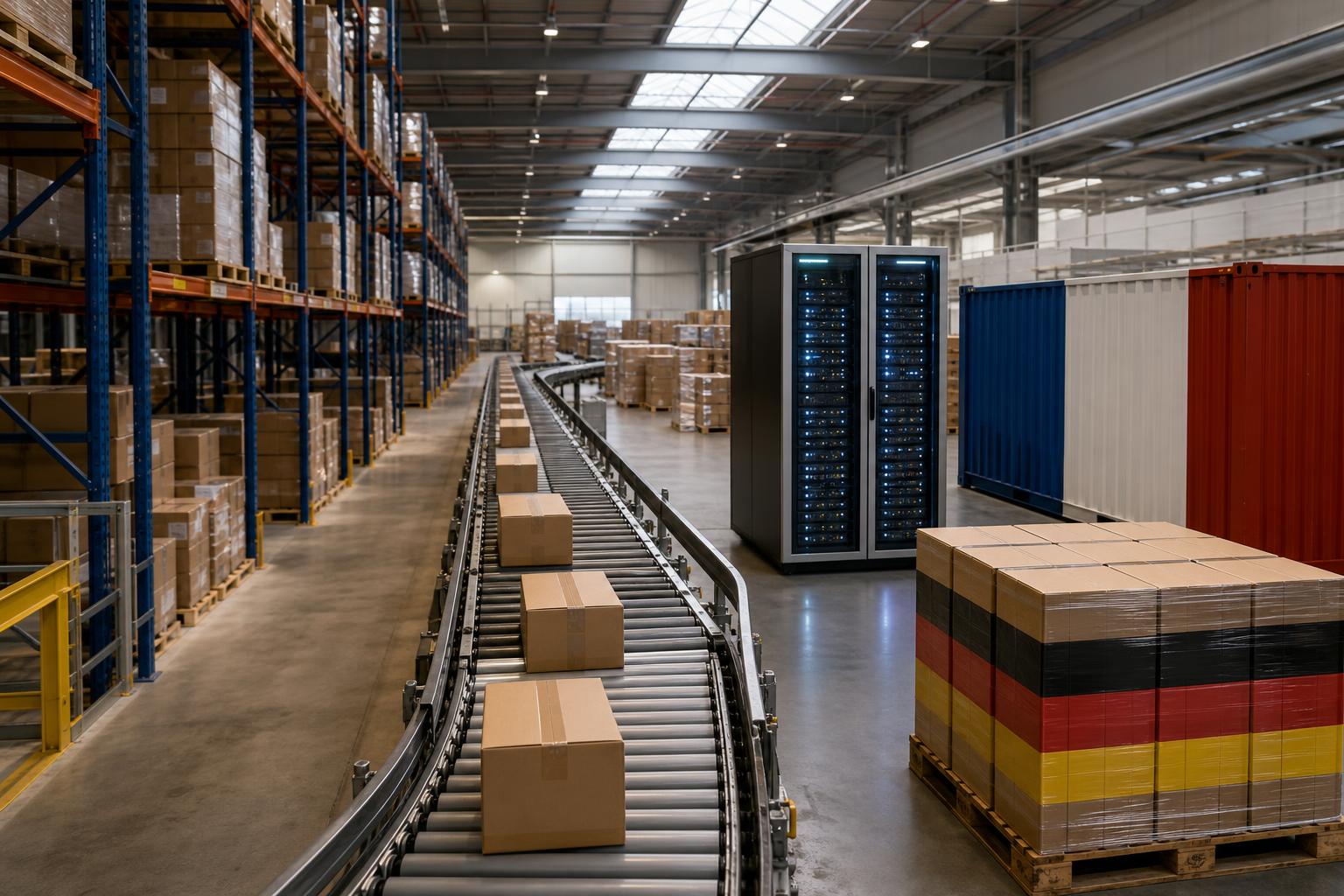 Eine Förderband mit braunen Kartons in einem großen Logistiklager, daneben ein Server-Rack und ein Stapel Paletten mit