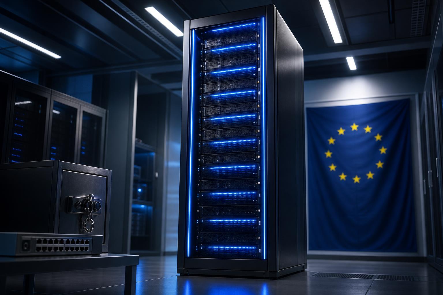 Ein hochglänzendes Server-Rack mit blauen LED-Leisten steht in einem klimatisierten Rechenzentrum neben einer verschlossenen