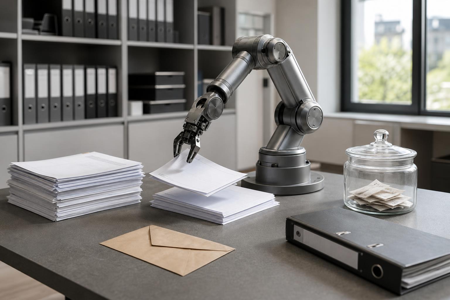 Ein Roboterarm greift eine Lieferantenrechnung auf einem Schreibtisch in einem Büro mit Fenster, Aktenordnern und einem