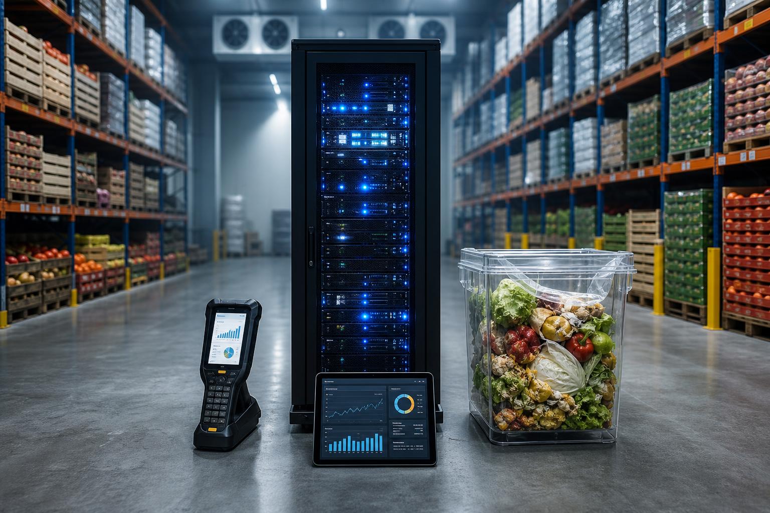 Ein großer Server mit blauen LEDs steht in einem Lagerhaus neben einem RFID-Scanner, einem Abfallbehälter und Kartons mit