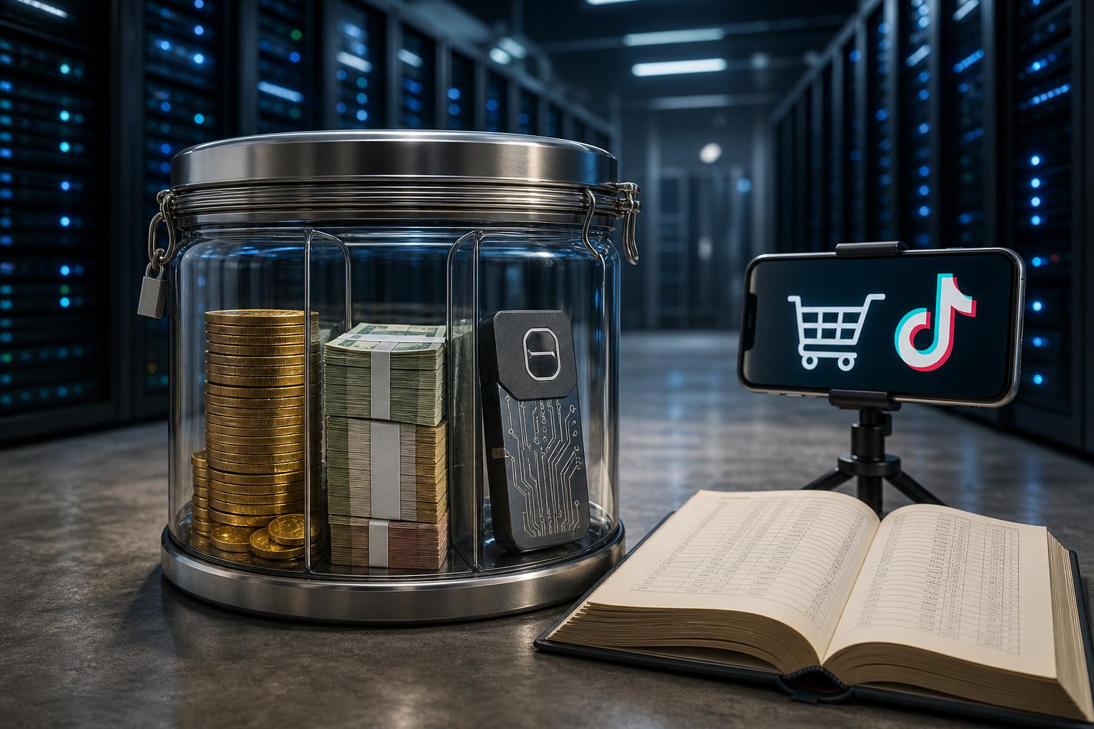 Ein verschlossenes Glasgefäß mit drei Fächern enthält Goldmünzen, Geldscheine und ein digitales Wallet-Modul vor Serverracks