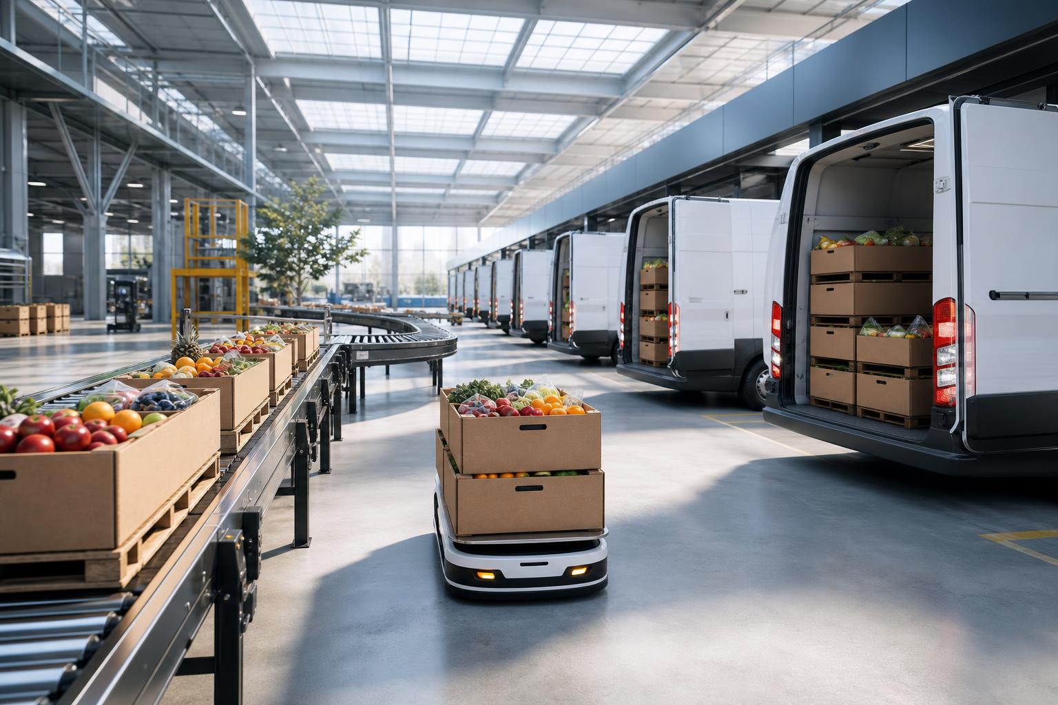 Elektrische Lieferwagen werden in einer hellen Halle beladen, während ein Roboter-Palette auf einem Förderband transportiert