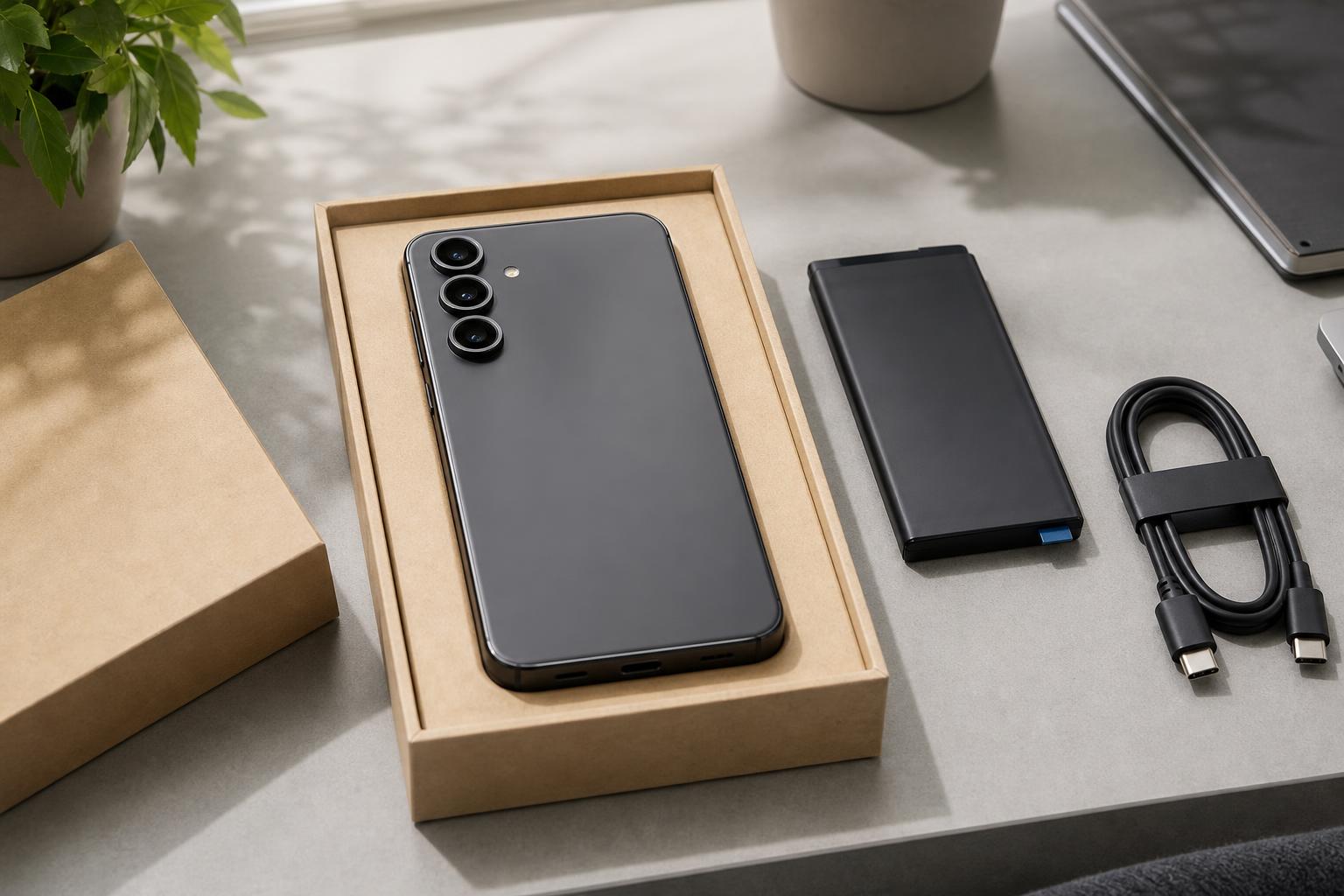 Ein schwarzes Smartphone liegt in einer Kartonschachtel neben einem Akku und einem USB-C-Kabel auf einem grauen Schreibtisch.
