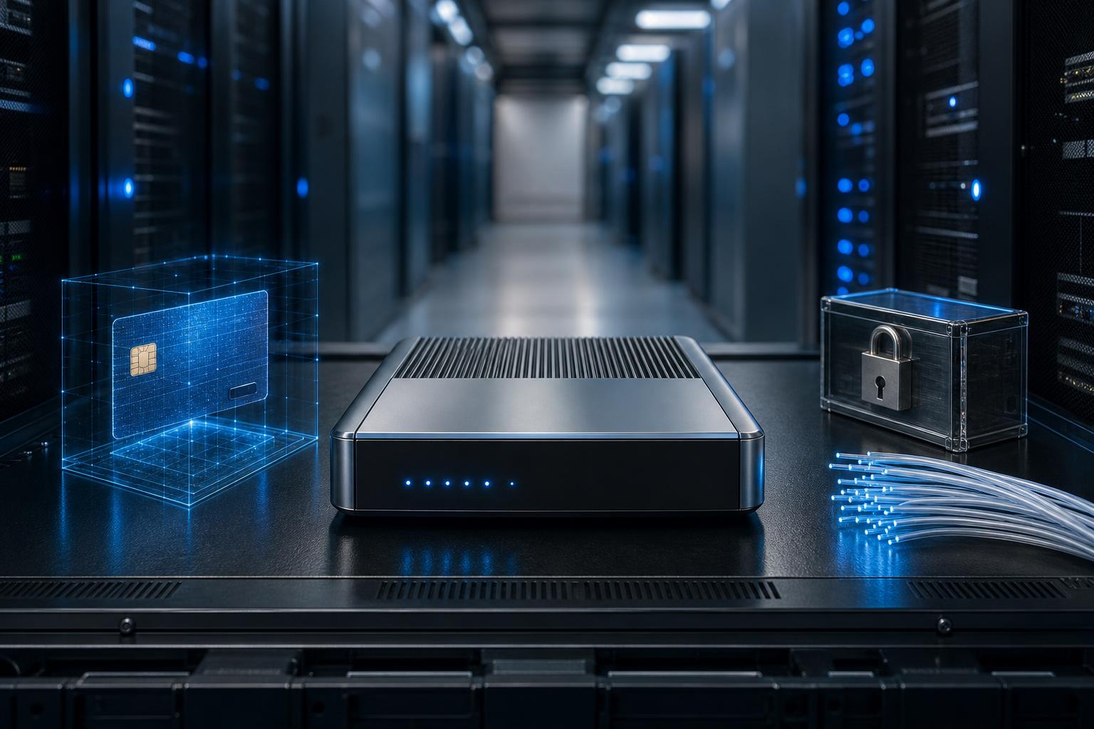 Ein metallisches Gateway-Gerät mit LED-Anzeigen steht auf einem Rack in einem Rechenzentrum, daneben ein holografisches