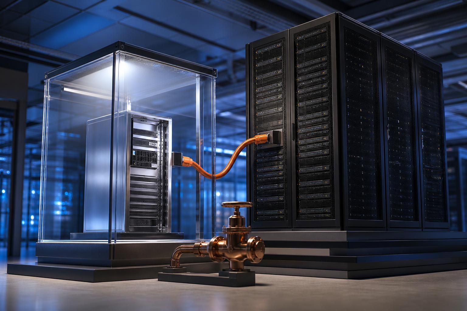 Ein silbernes Server-Rack in einer Glasbox steht neben einem großen schwarzen Enterprise-Server-Rack; ein orangefarbener