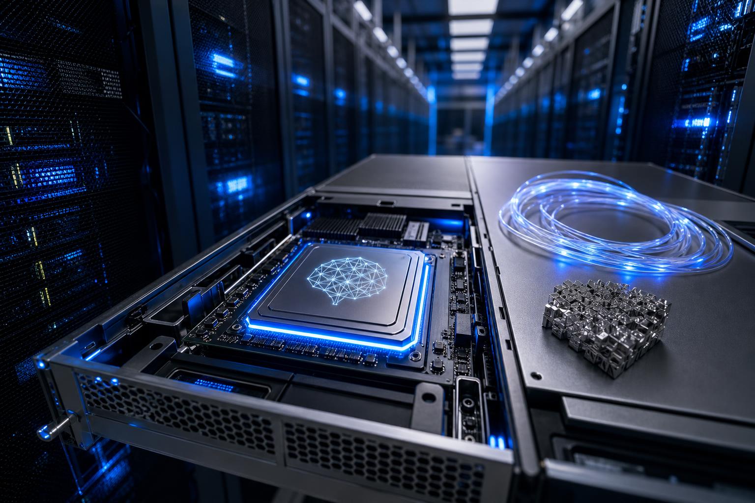 Ein glänzender KI-Verifizierungschip mit leuchtendem Symbol liegt auf einer Platine in einem Serverraum mit blauen