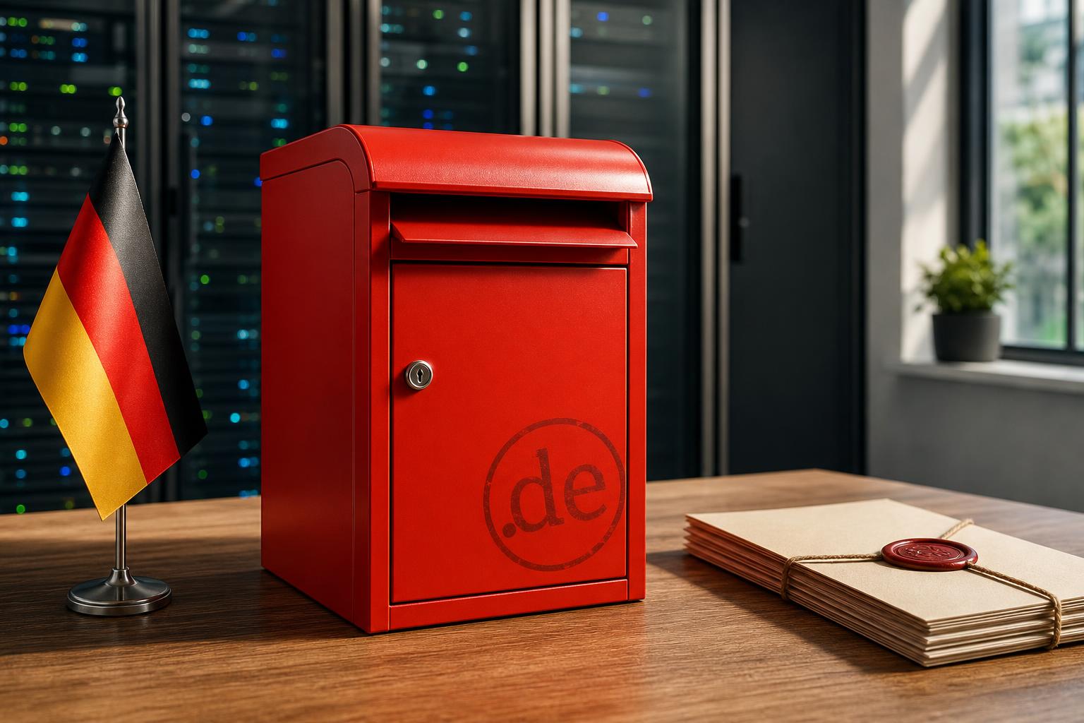 Ein roter Briefkasten mit .de-Stempel steht neben einer deutschen Flagge und einem versiegelten Dokument auf einem